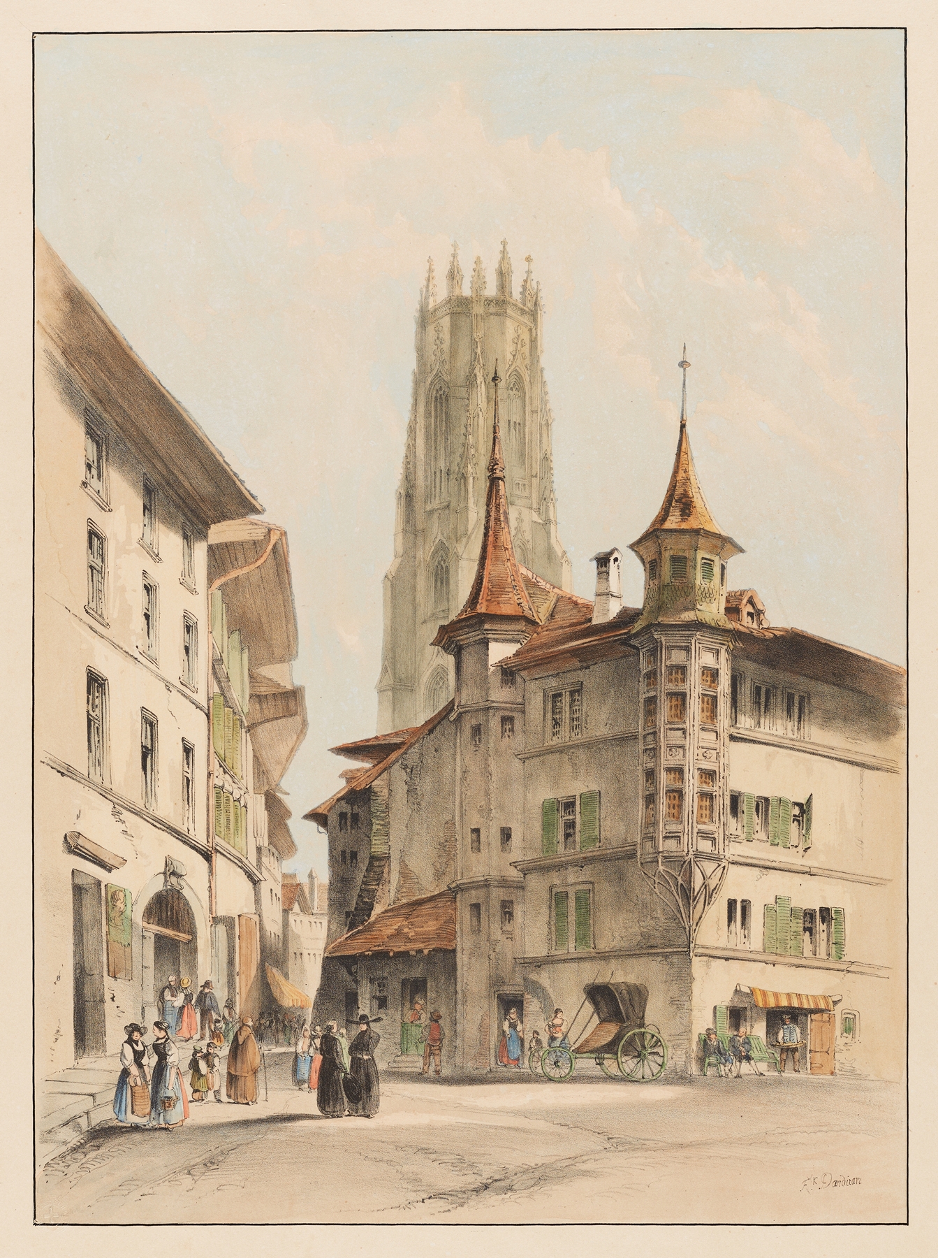 Luminous sky over medieval architecture, oil painting by Frédéric-François d' Andiran