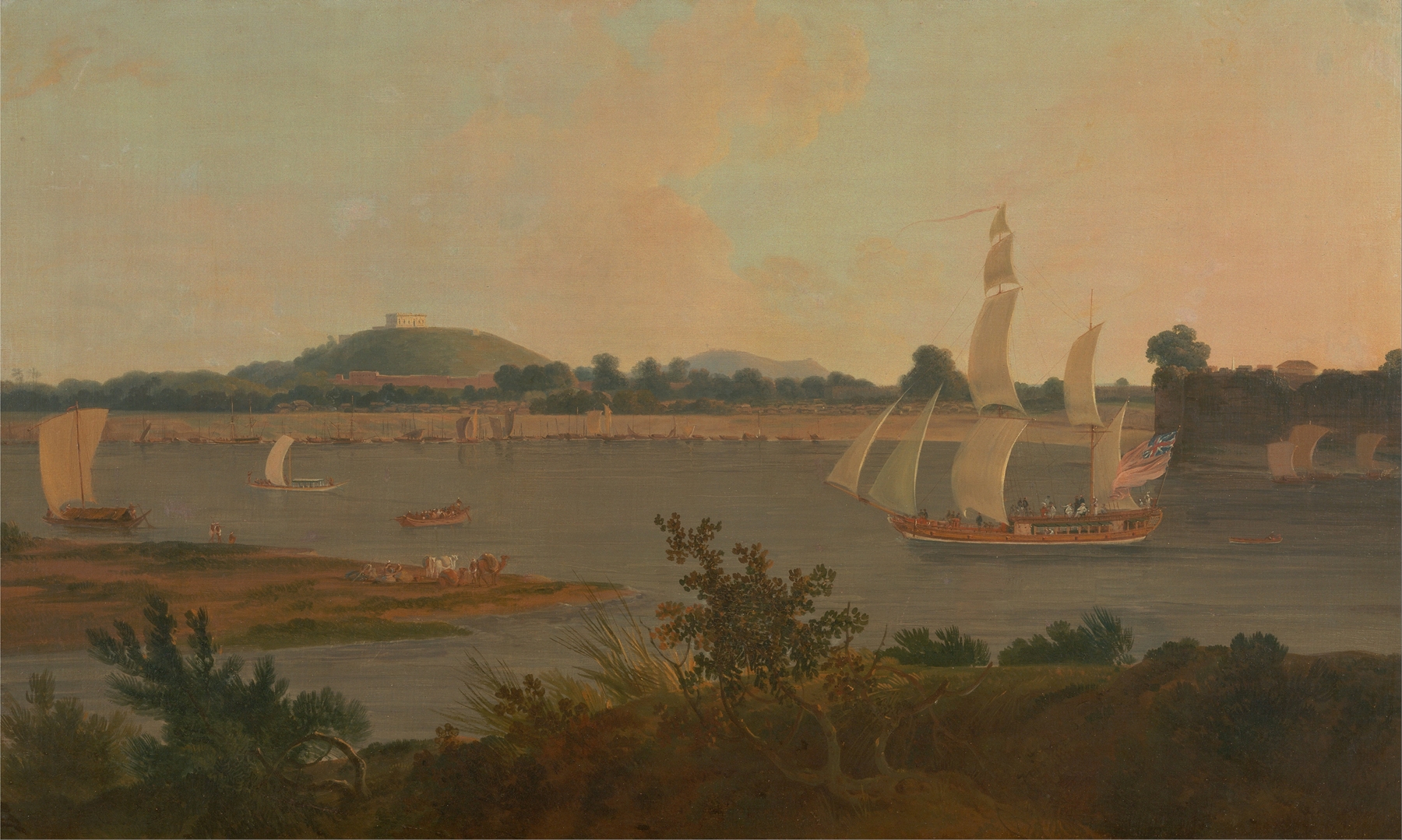 Pinnace sailing down the Ganges past Monghyr Fort, by Thomas Daniell, public domain