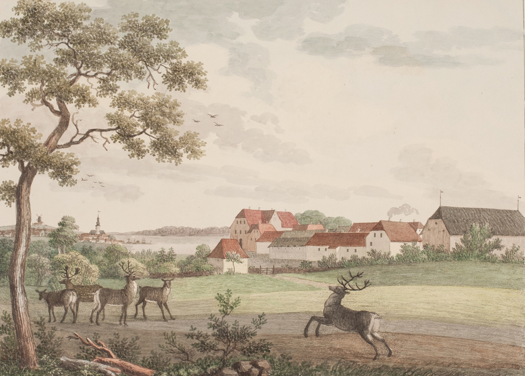 Landscape of Bygholm ved Horsens by Søren L. Lange, oil painting featuring water and clouds.