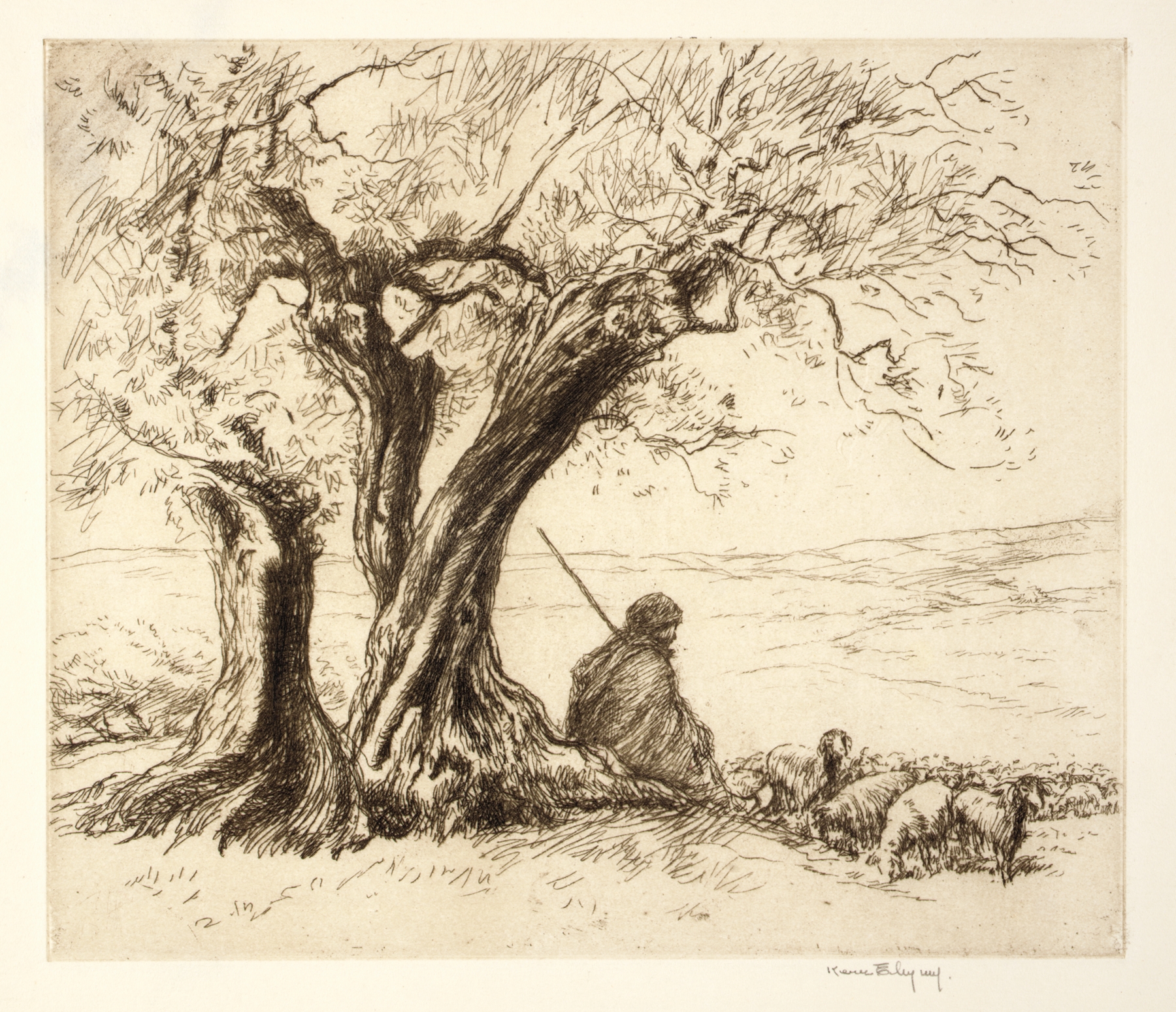 Goatherd in a sunlit Algerian landscape, oil painting by Kerr Eby
