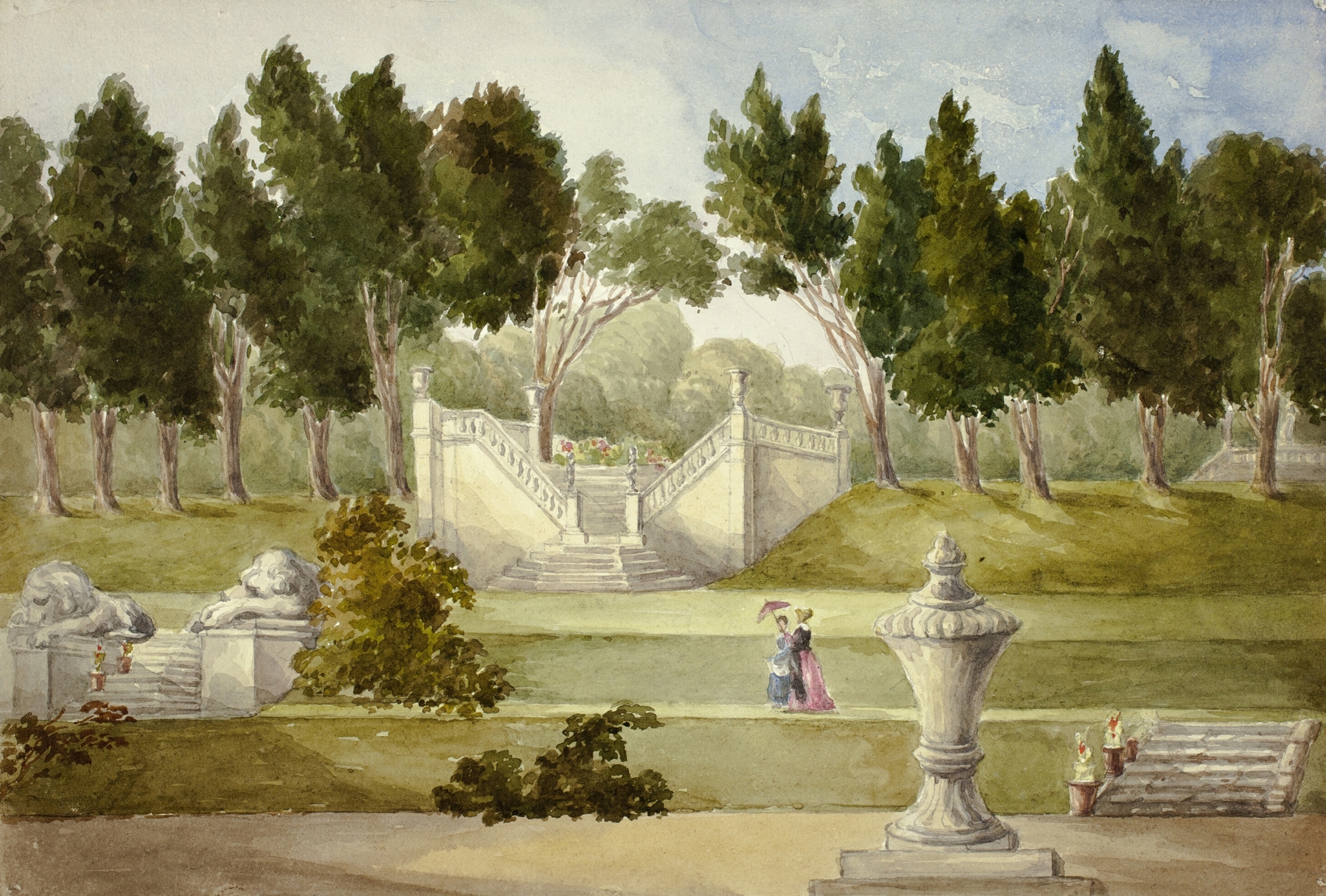 Botanical scene with flowers and a figure, oil painting by Elizabeth Murray