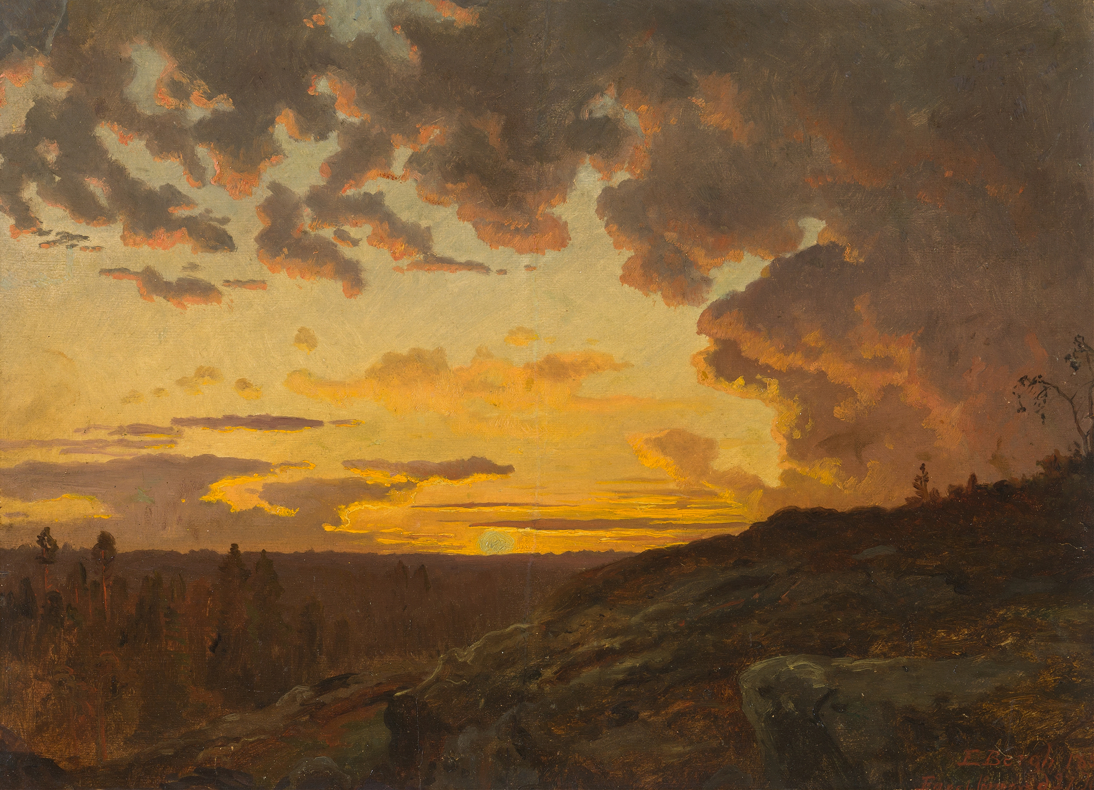 Sunset. Sketch by Edvard Bergh, depicting a vibrant sunset landscape in unknown medium.