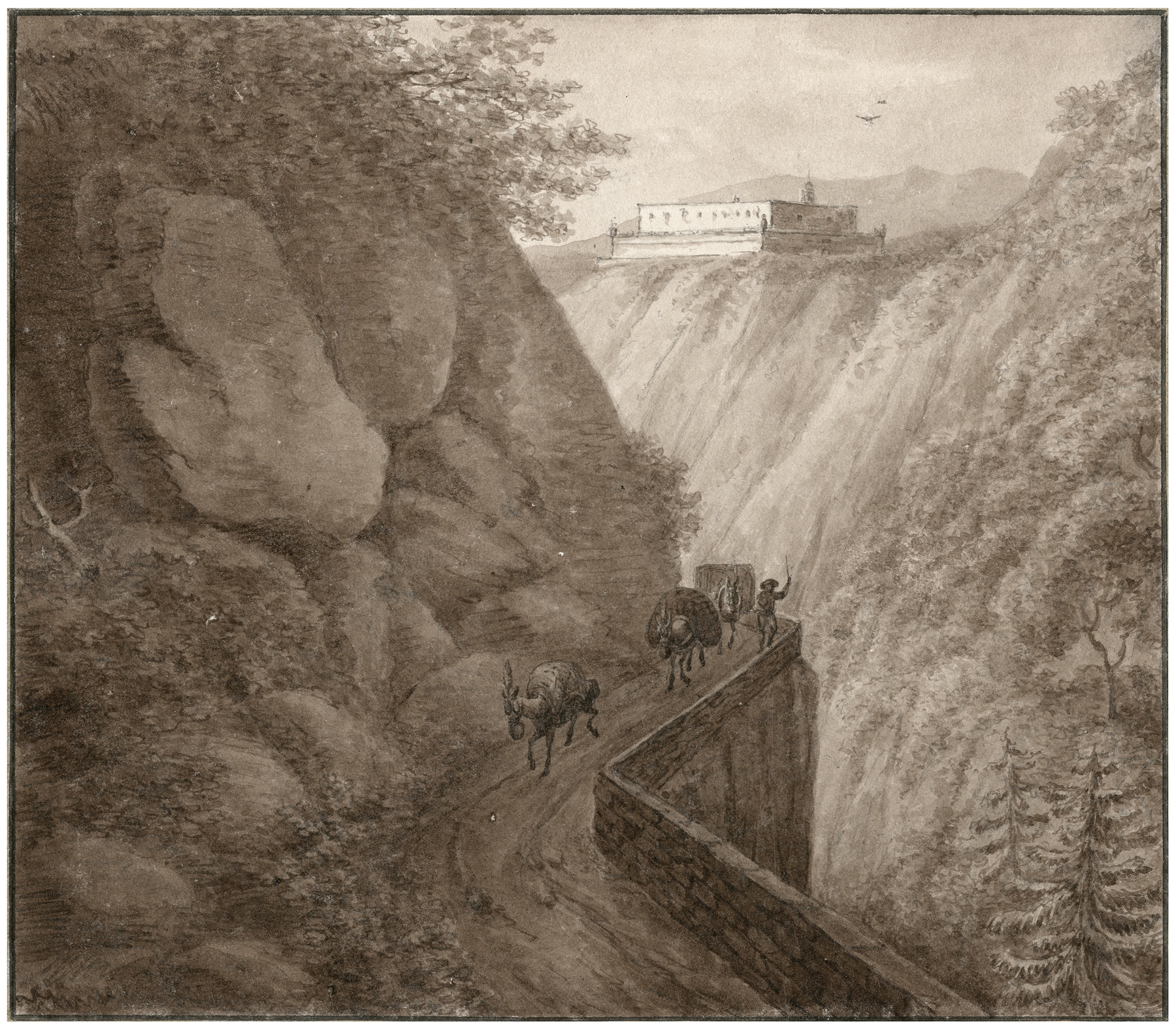 Kasteel Bellegarde gezien vanaf een bergpas by Otto Howen, oil painting depicting a castle in a mountainous landscape.