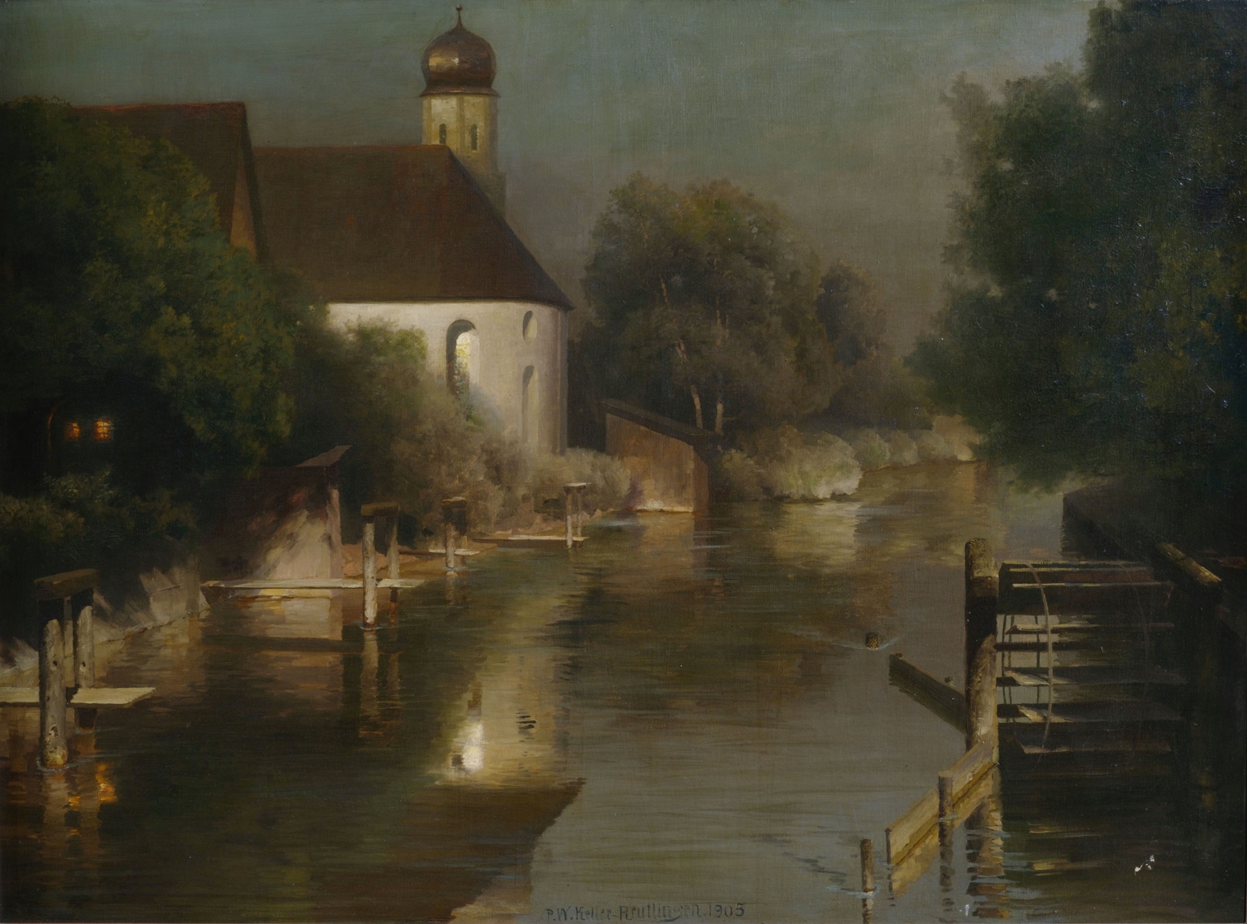 Landscape with a chapel and trees, oil painting by Paul Wilhelm Keller-Reutlingen