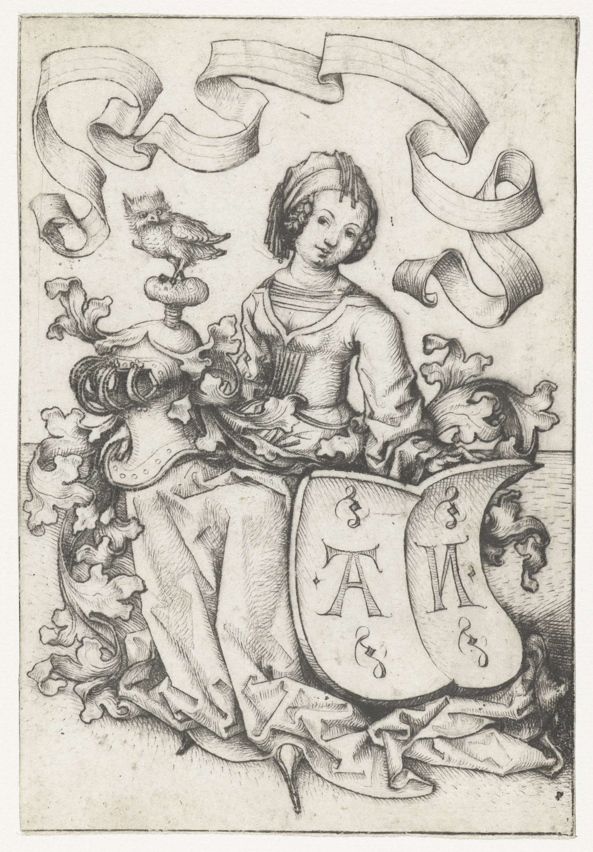 Portrait of a woman with an owl and a shield, drypoint by Meester van het Amsterdamse Kabinet
