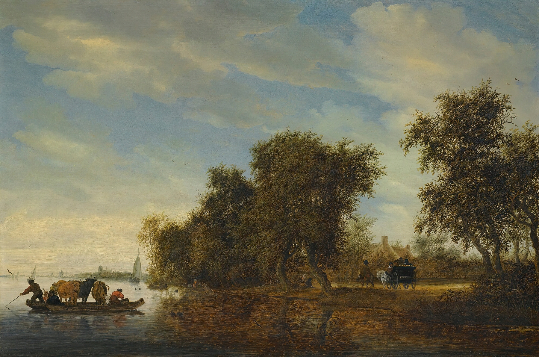 A river landscape with a ferry boat, oil on canvas by Jacob Salomonsz. van Ruysdael