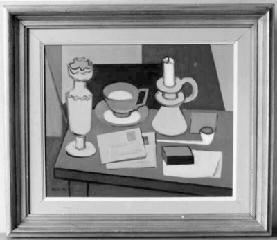 Still life oil painting by Wilhelm Ludvig Wik featuring a candleholder, tea cup, and pipe.