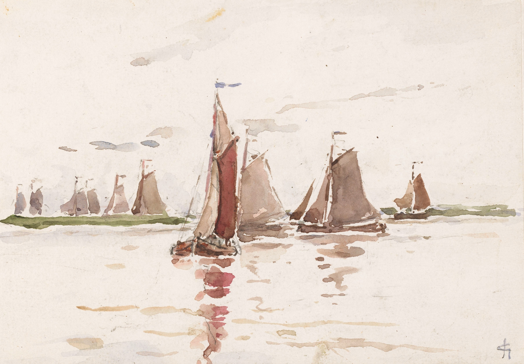 Vissersschepen op een rivier, oil on canvas by Carel Nicolaas Storm van 's-Gravesande, depicting boats on a calm river.