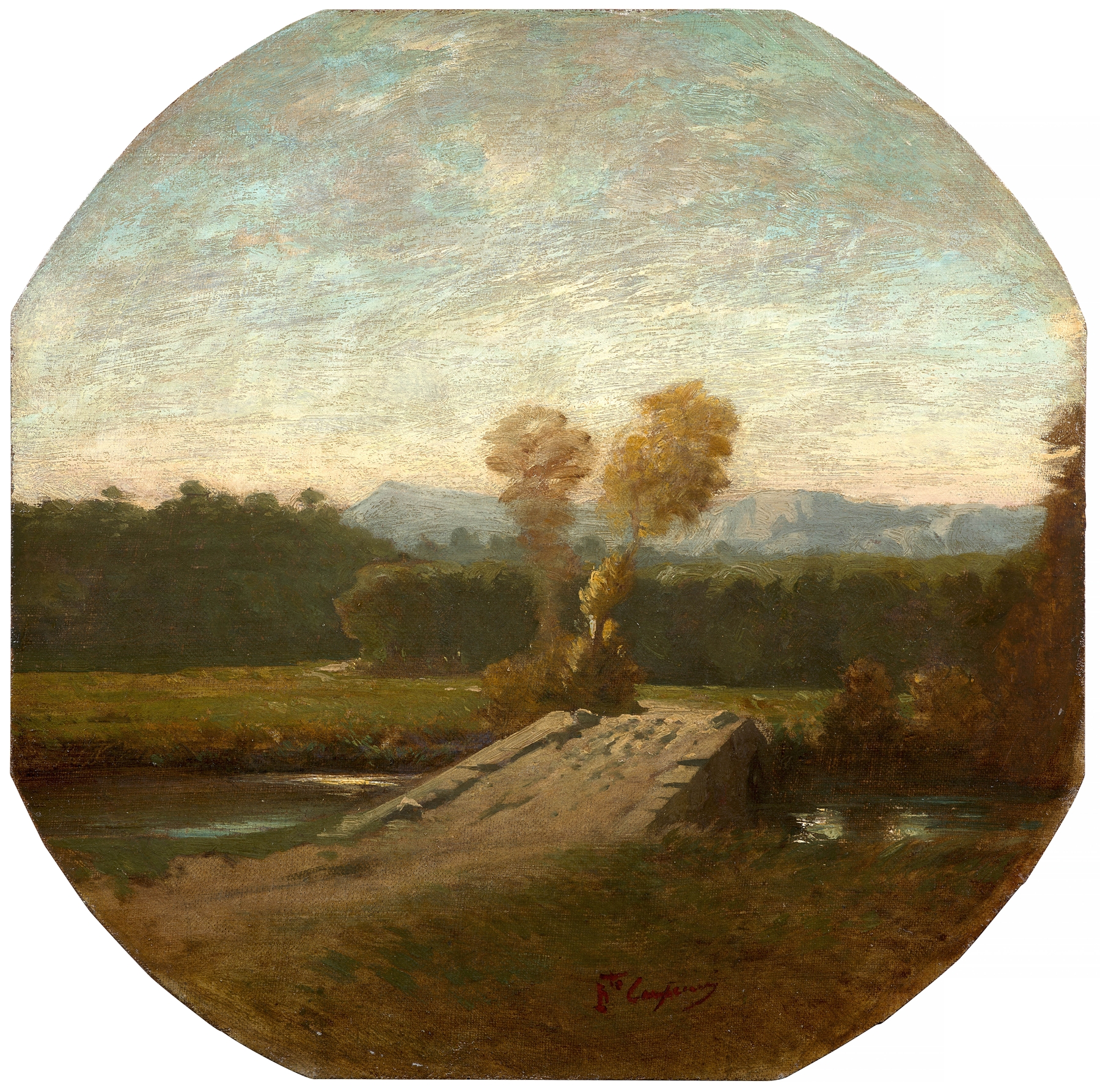 Landscape with a bridge and river, oil painting by Jean-Baptiste Carpeaux