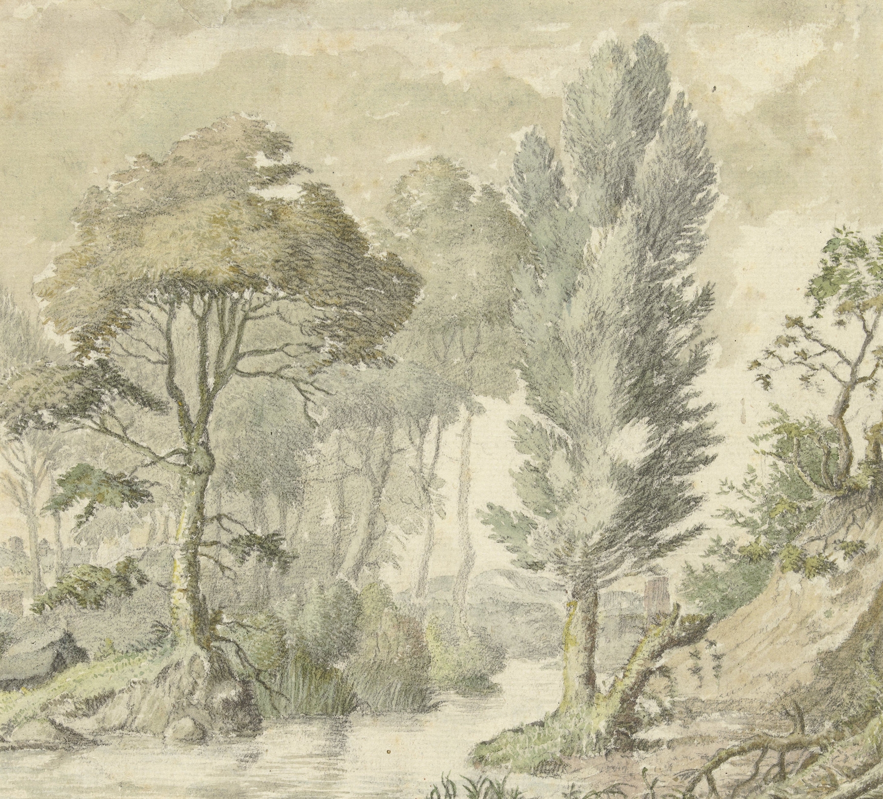 Boslandschap met rechts een heuvel en in het midden water, by Elias van Nijmegen, public domain