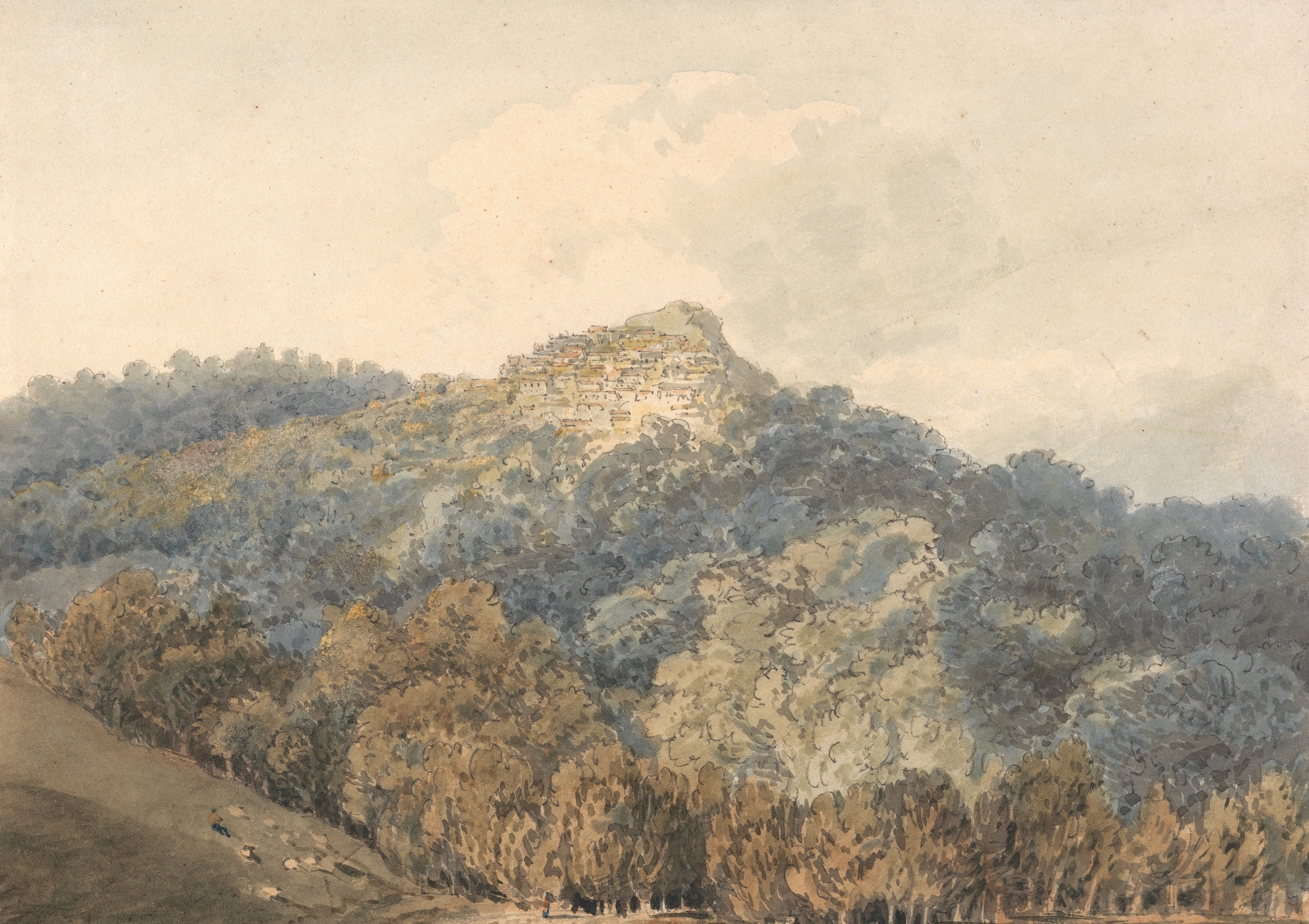 Rocca del Papa, with Monte Cavo by Thomas Girtin, watercolor on paper, depicting rolling hills and azure sky.