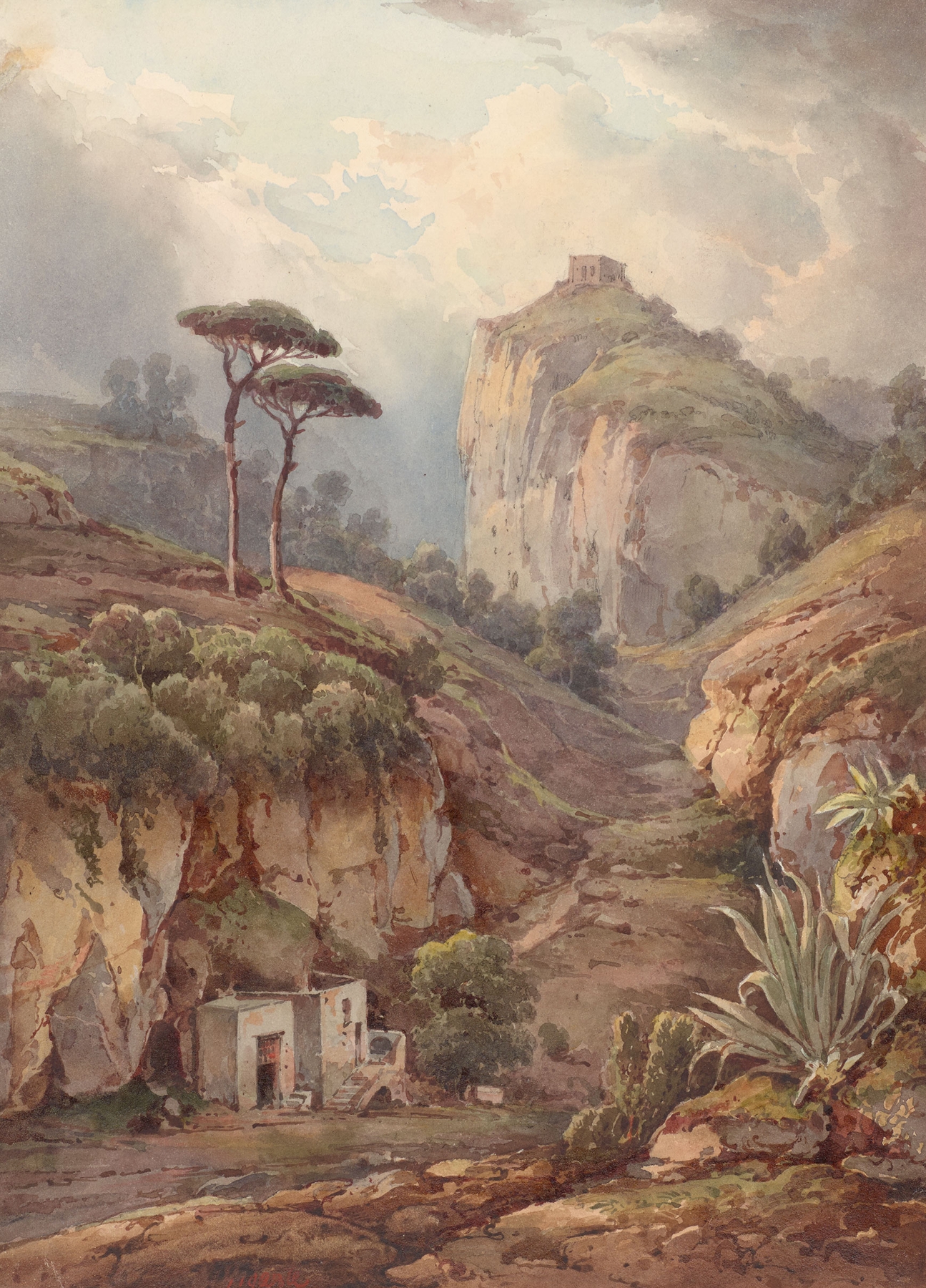 Approach from the Land to the Casa de’Spiriti by Giacinto Gigante, oil on canvas depicting cliffs and a vibrant sky.