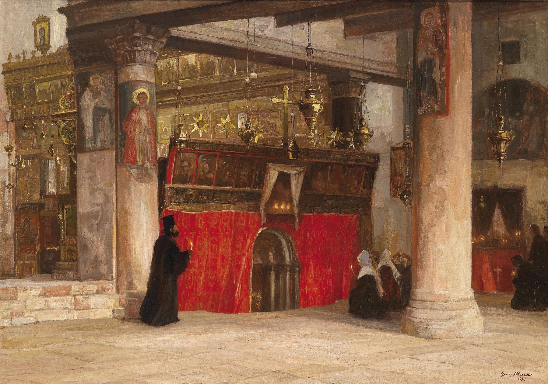 Orthodoxe Kirche von Betlehem by Georg Macco, oil on canvas depicting a weathered church facade