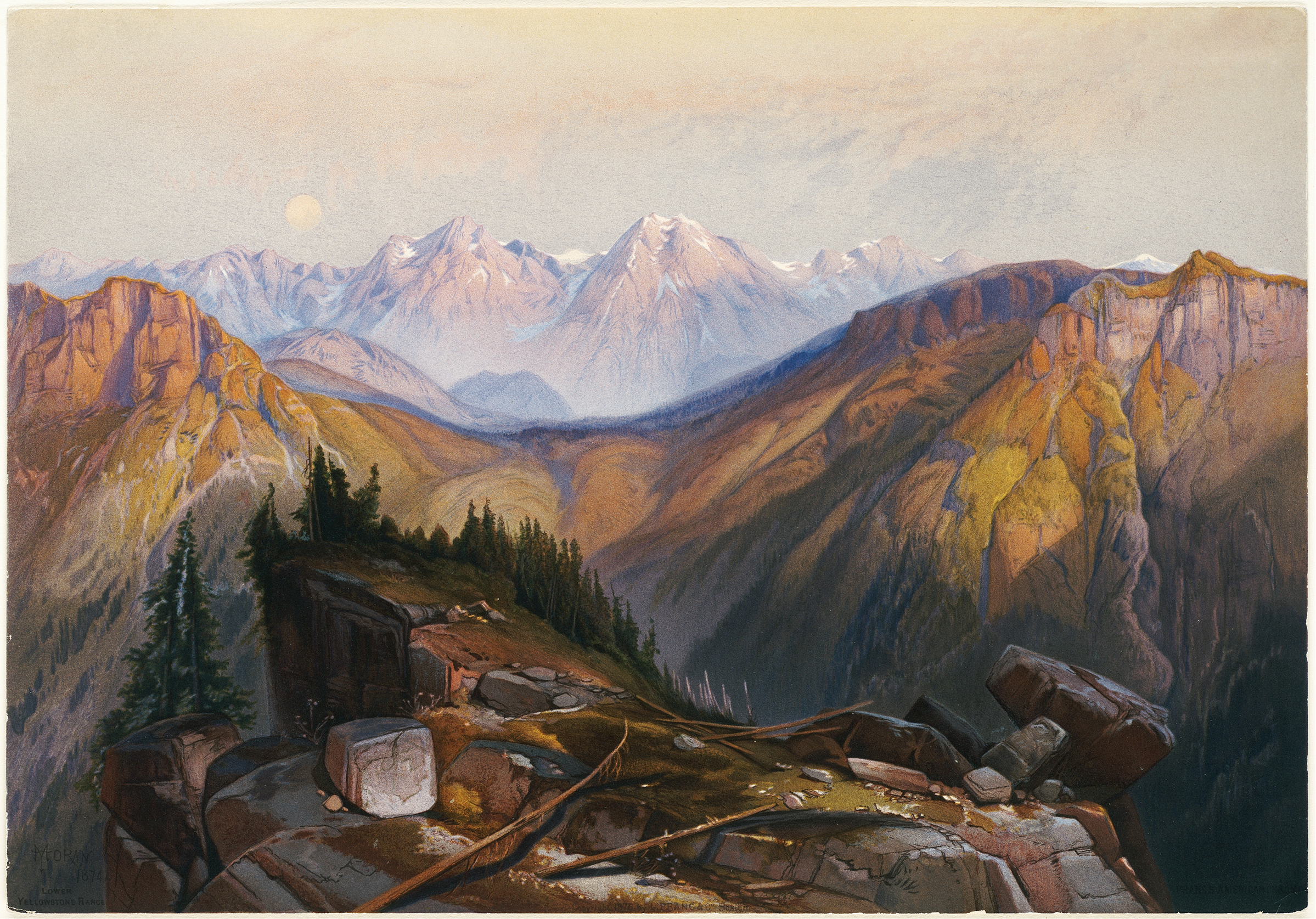 Lower Yellowstone Range by Thomas Moran, oil painting depicting mountains and sunlight.