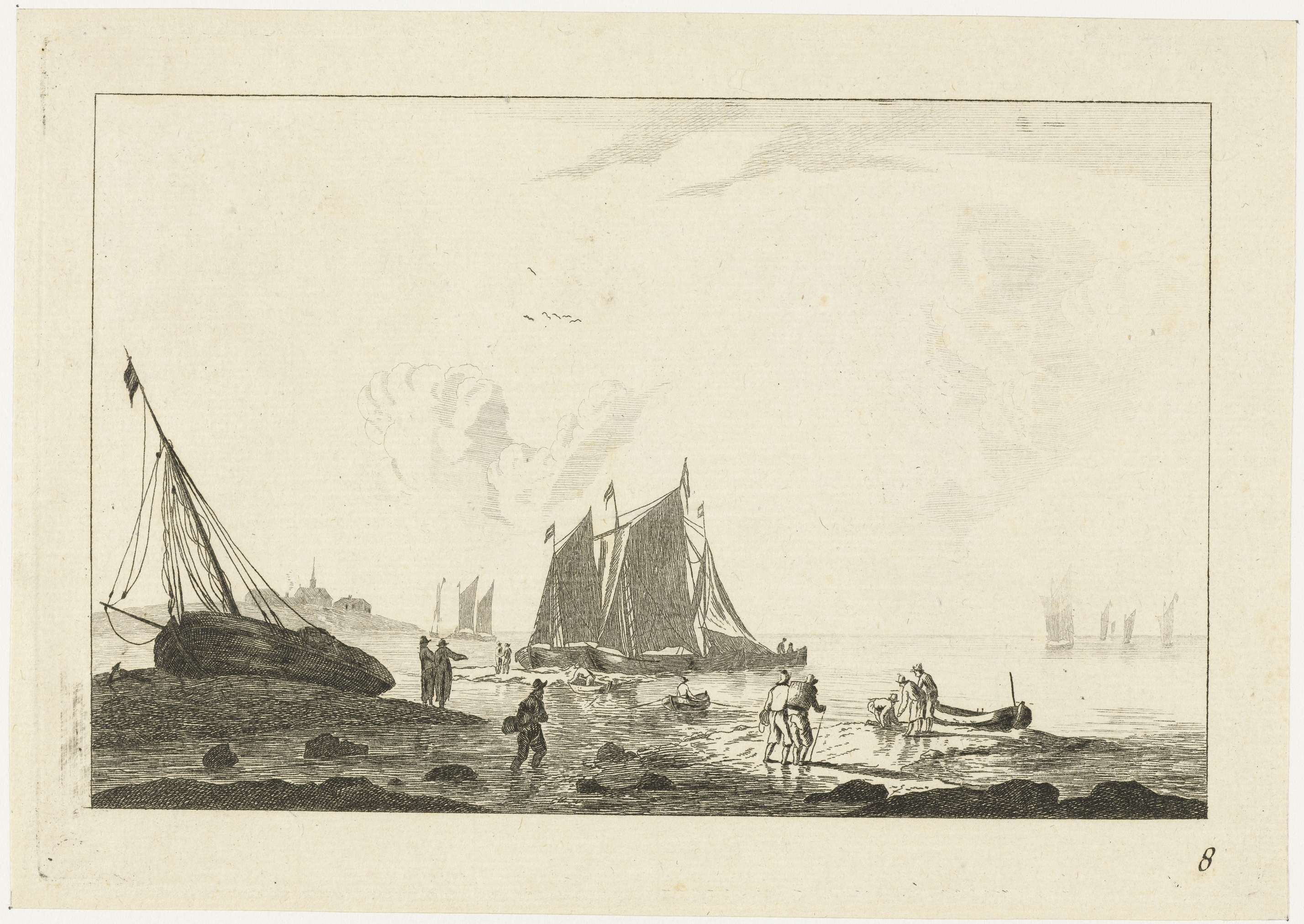 Marine etching by Unknown Artist depicting a ship on the shoreline