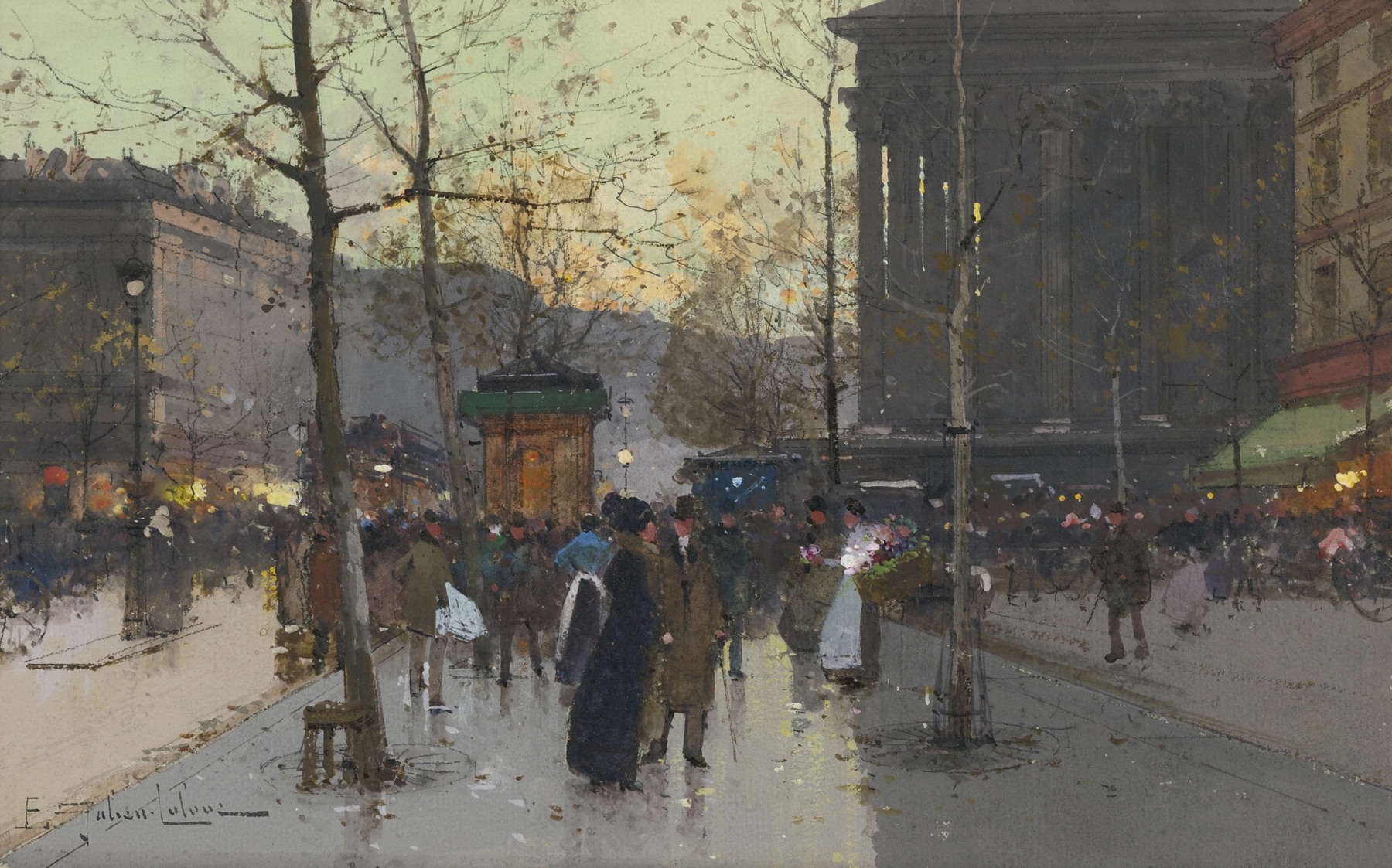 Genre scene of a flower market by Eugène Galien-Laloue, oil on canvas