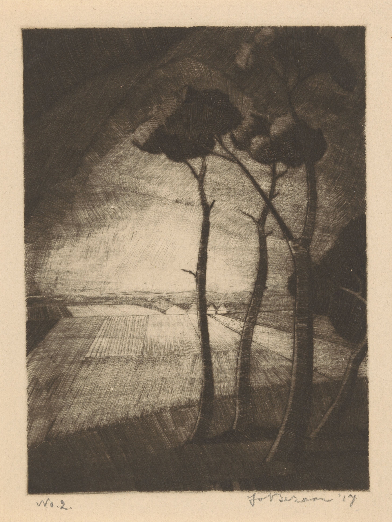 Expressionism landscape with three trees by Jo Bezaan, 1927