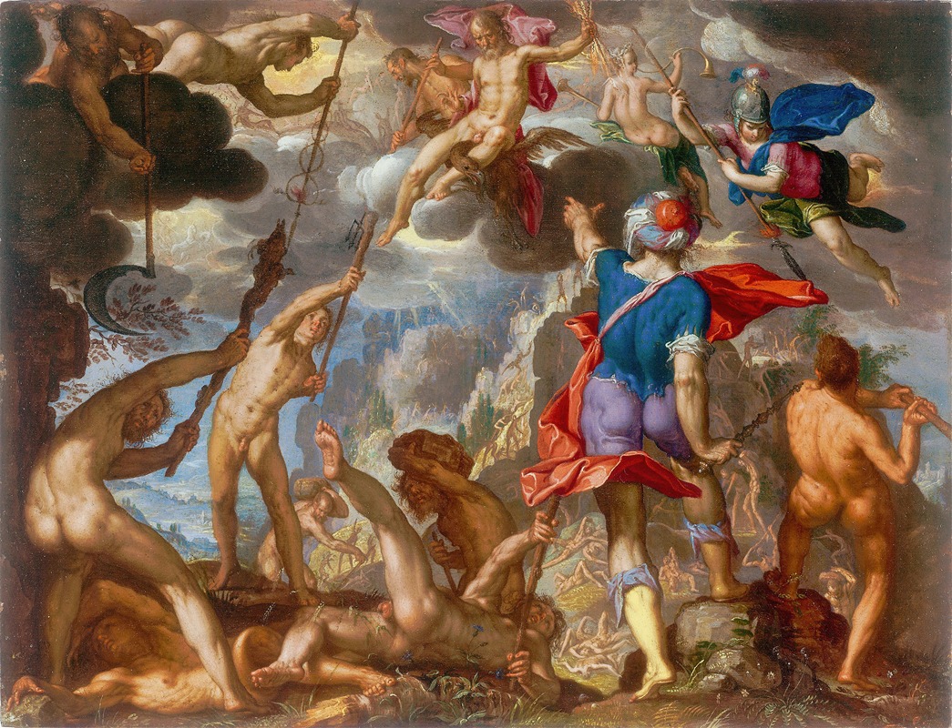 The Battle between the Gods and the Giants, oil on copper by Joachim Antonisz. Wtewael