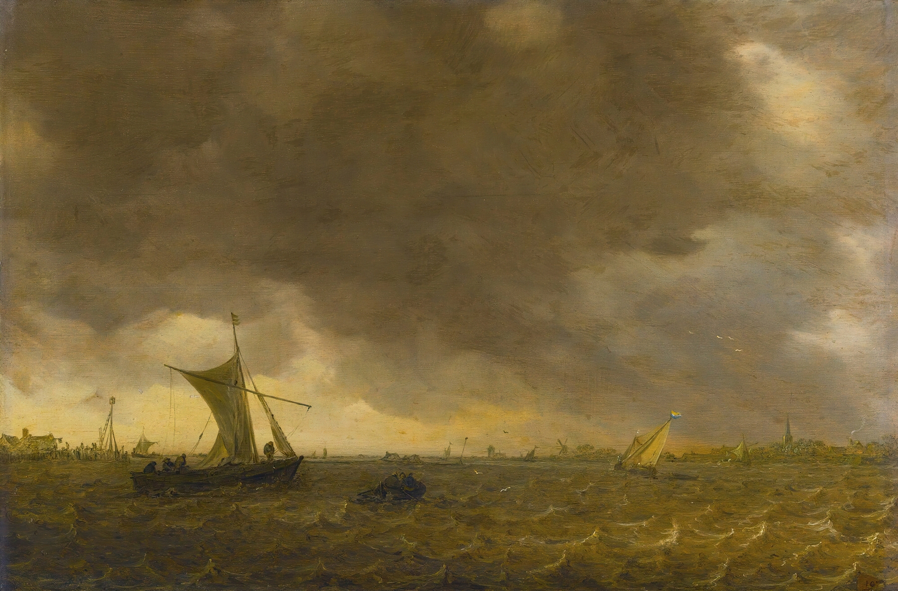 An estuary scene with stormy sky, oil on canvas by Jan van Goyen