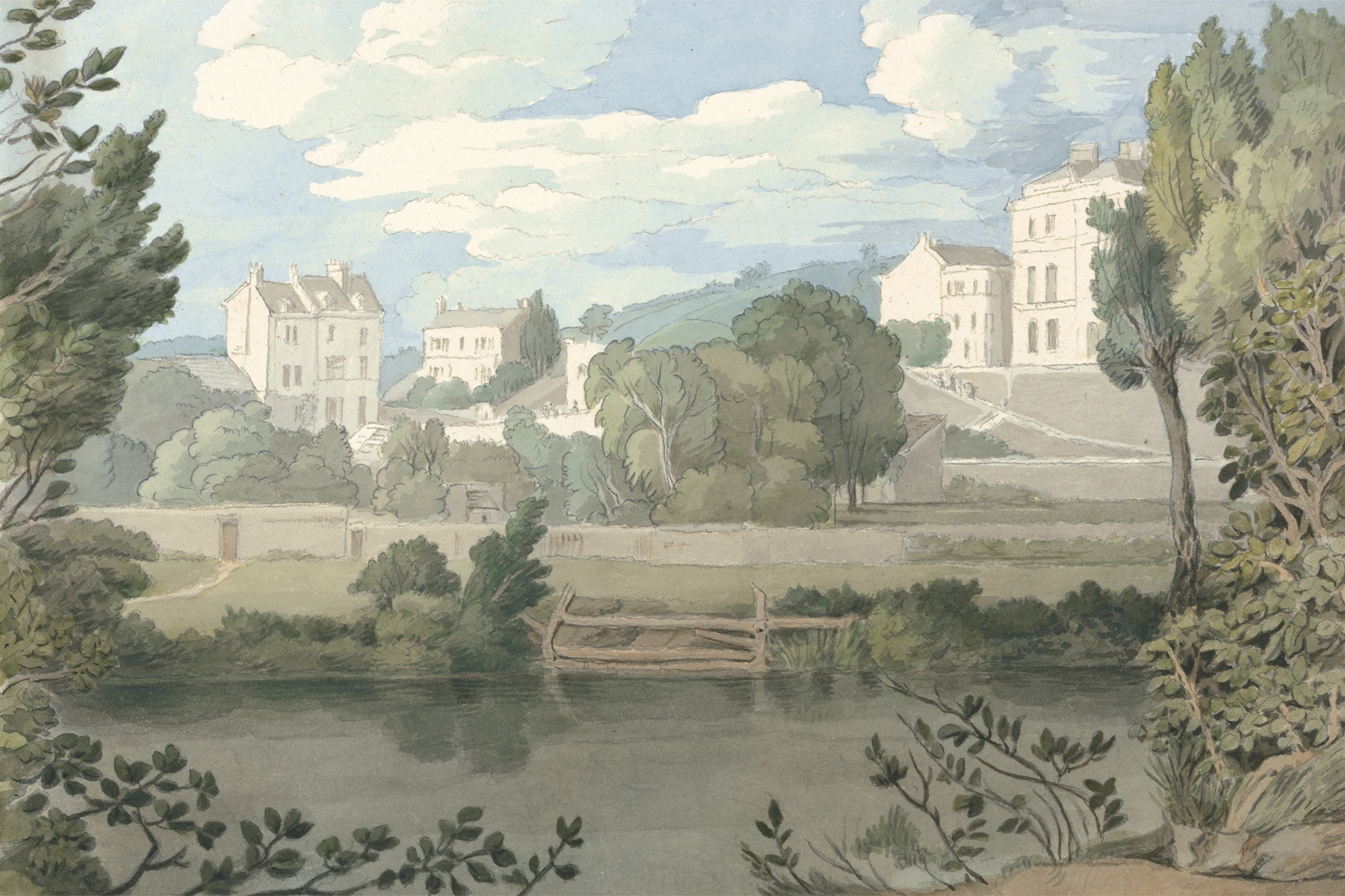 Houses near Plymouth by Francis Towne, oil painting depicting quaint houses and greenery.