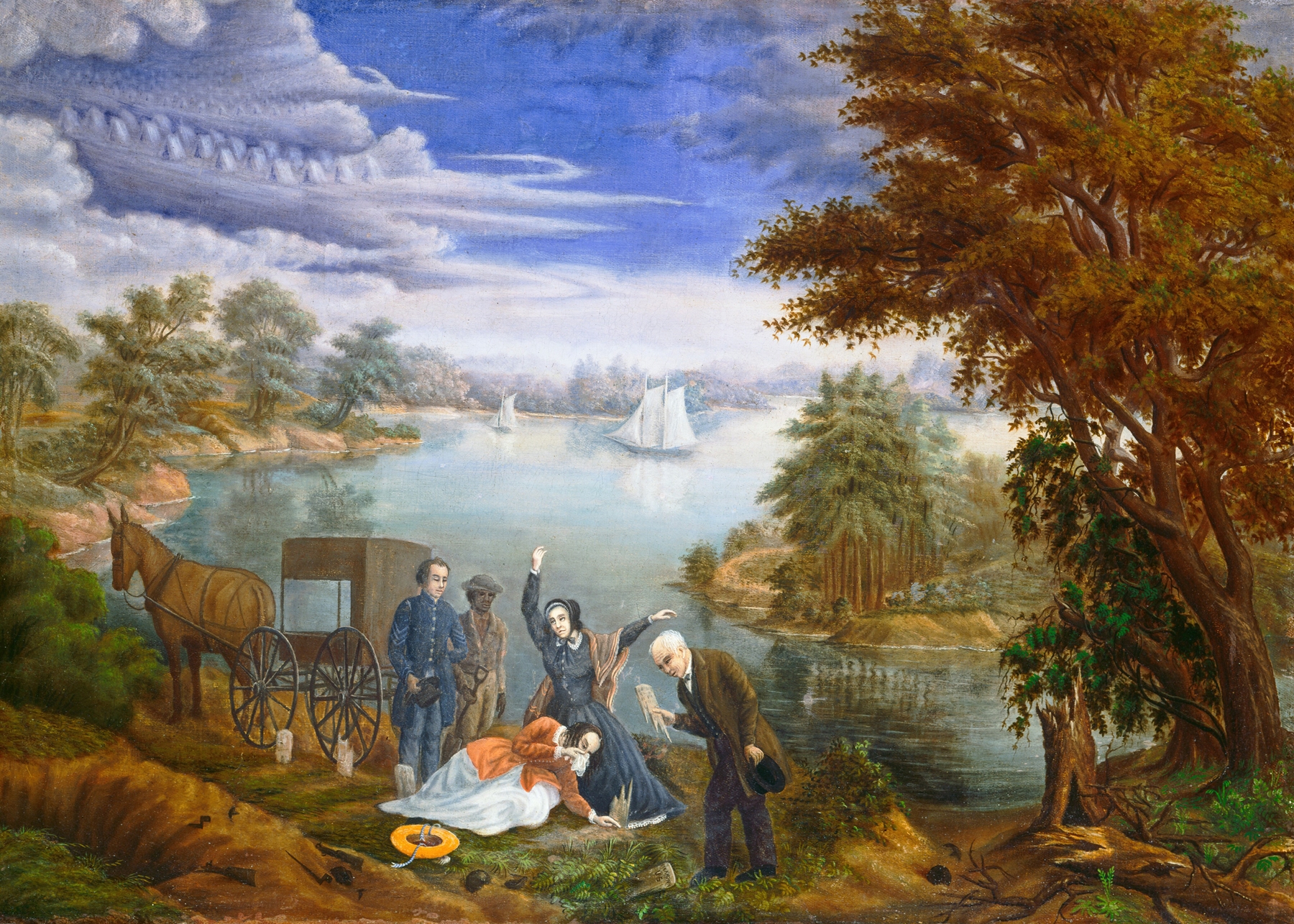 The Exhumation by Linton Park, realism, depicts a laborer kneeling at a grave in muted tones.