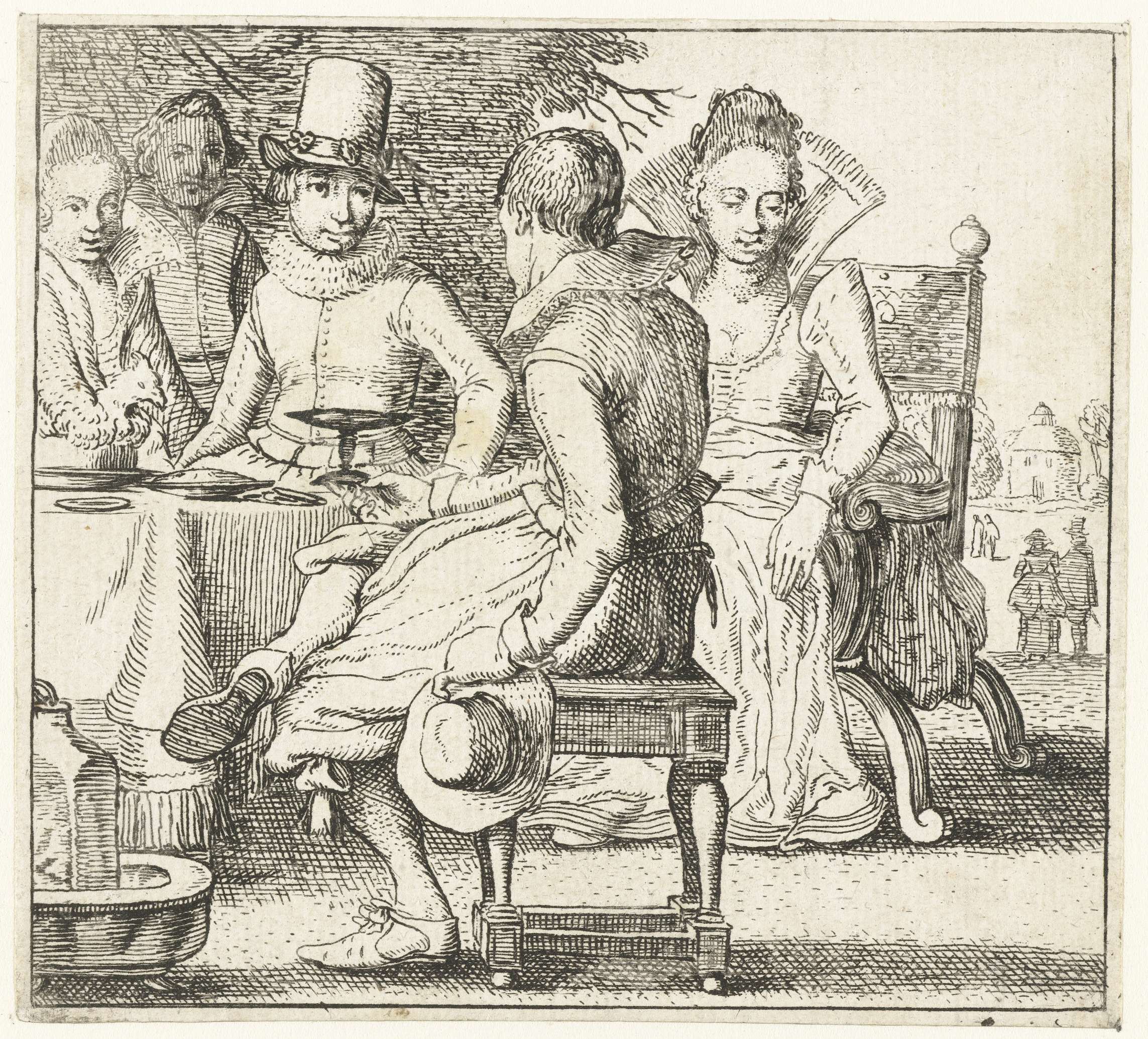 Five figures gathered around a table on a terrace, etching by Unknown Artist