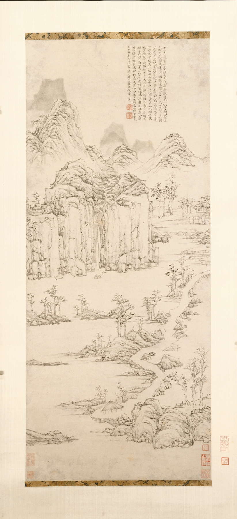 Daoist Retreat in Mountain and Stream, ink on paper by Lu Zhi, depicting a serene landscape with a river.