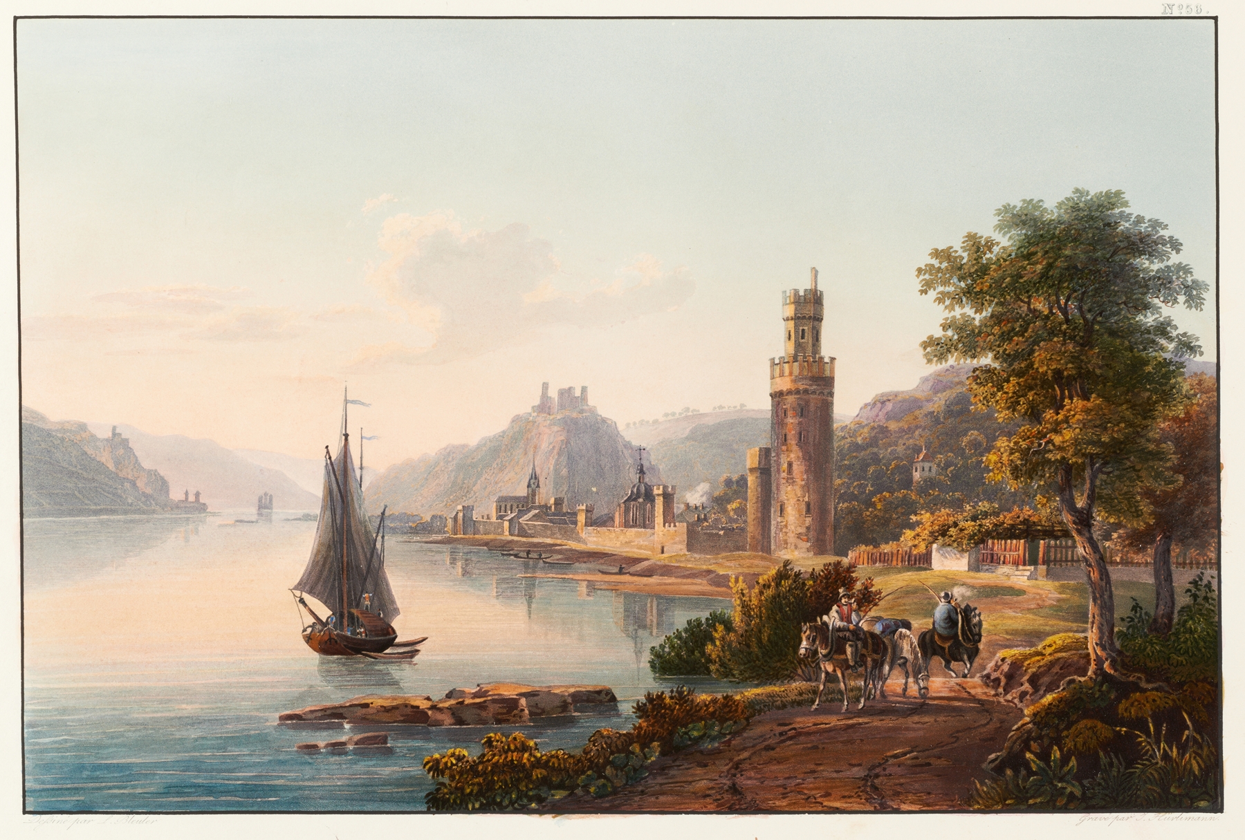 Vue d’Oberwesel, oil on canvas by Johann Ludwig Bleuler, featuring hills and ruins.