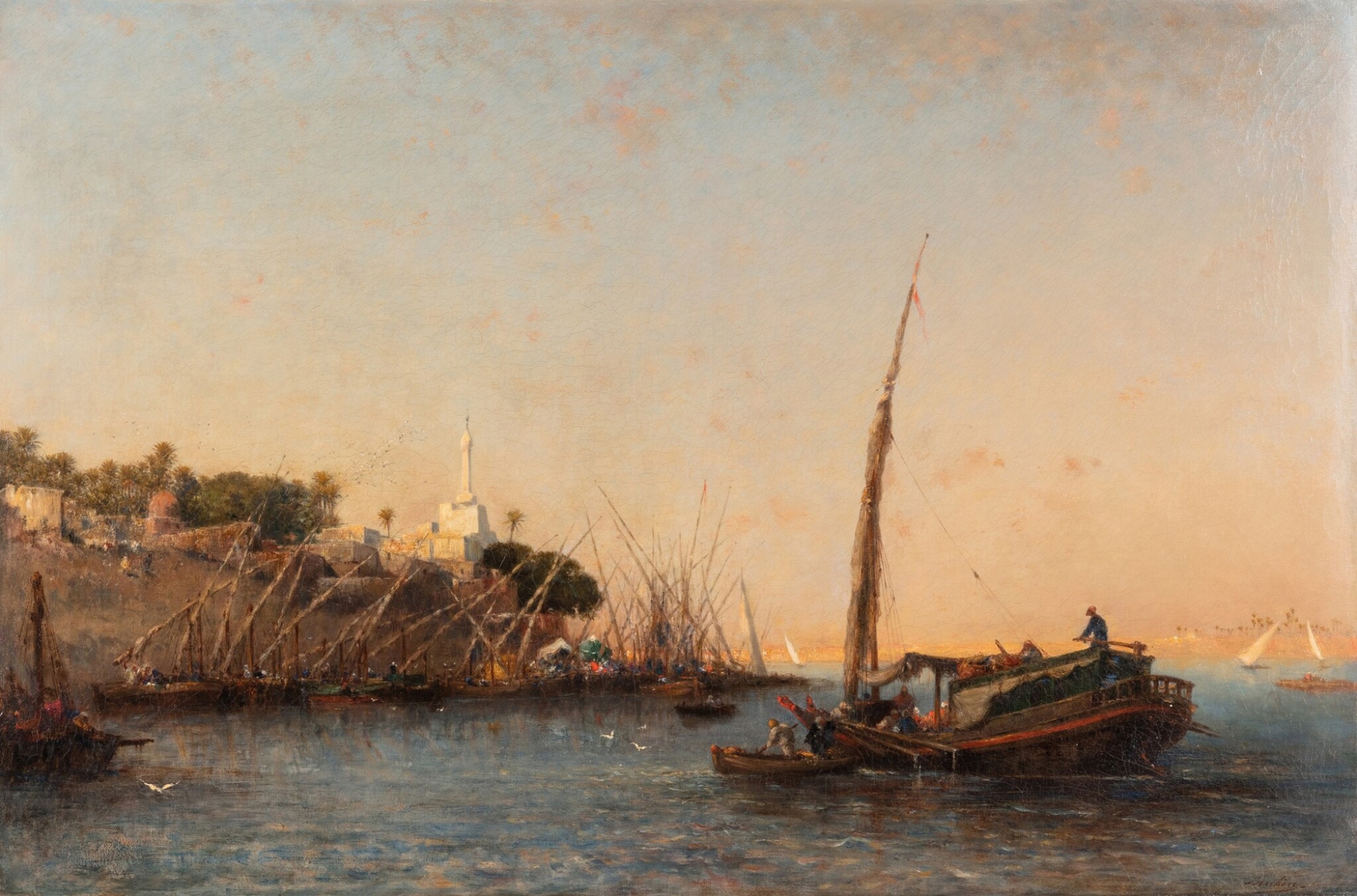 Oil painting by Narcisse Berchère depicting figures by the Nile river