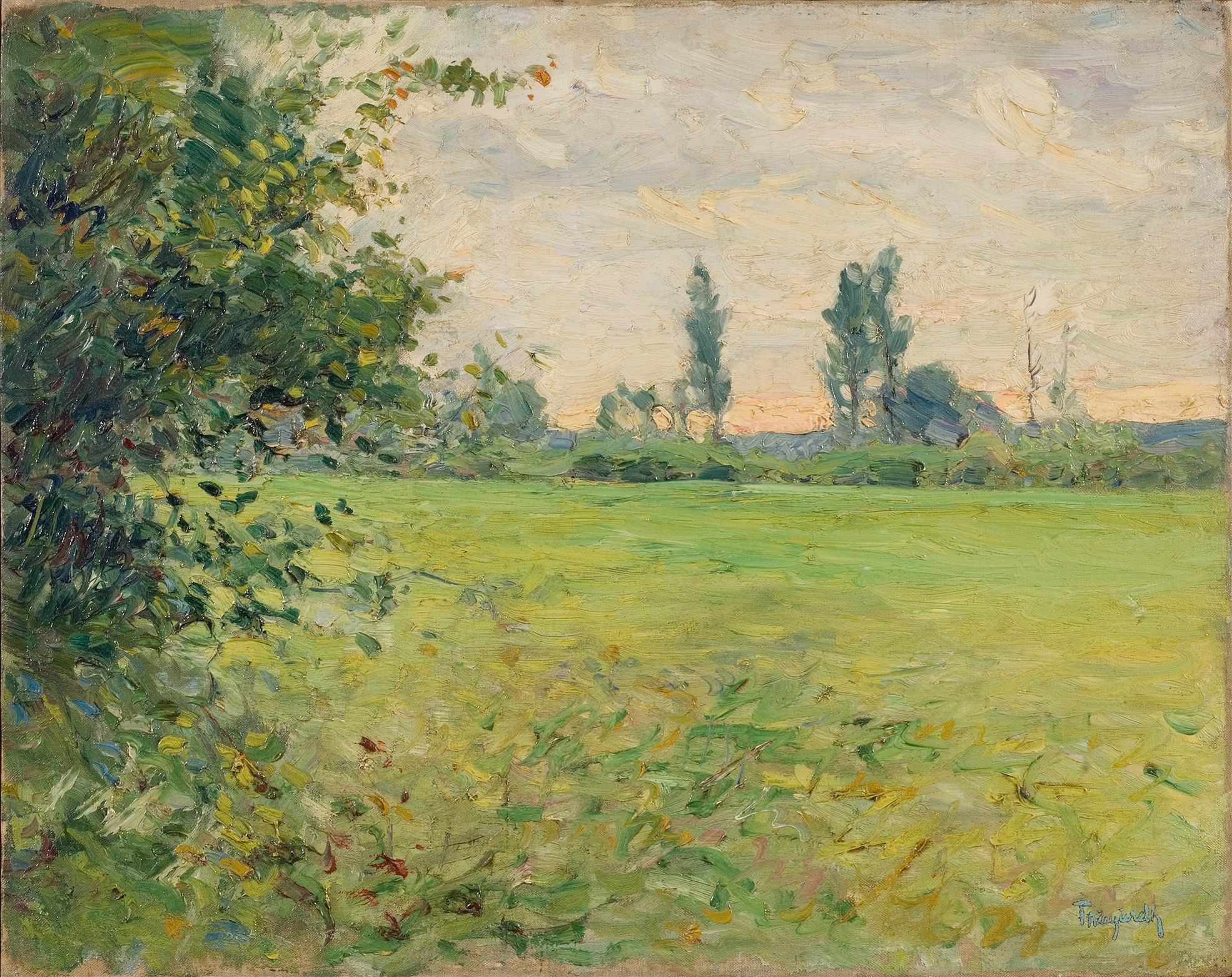 Landscape by Carl Trägårdh, oil painting featuring hills and soft greens.