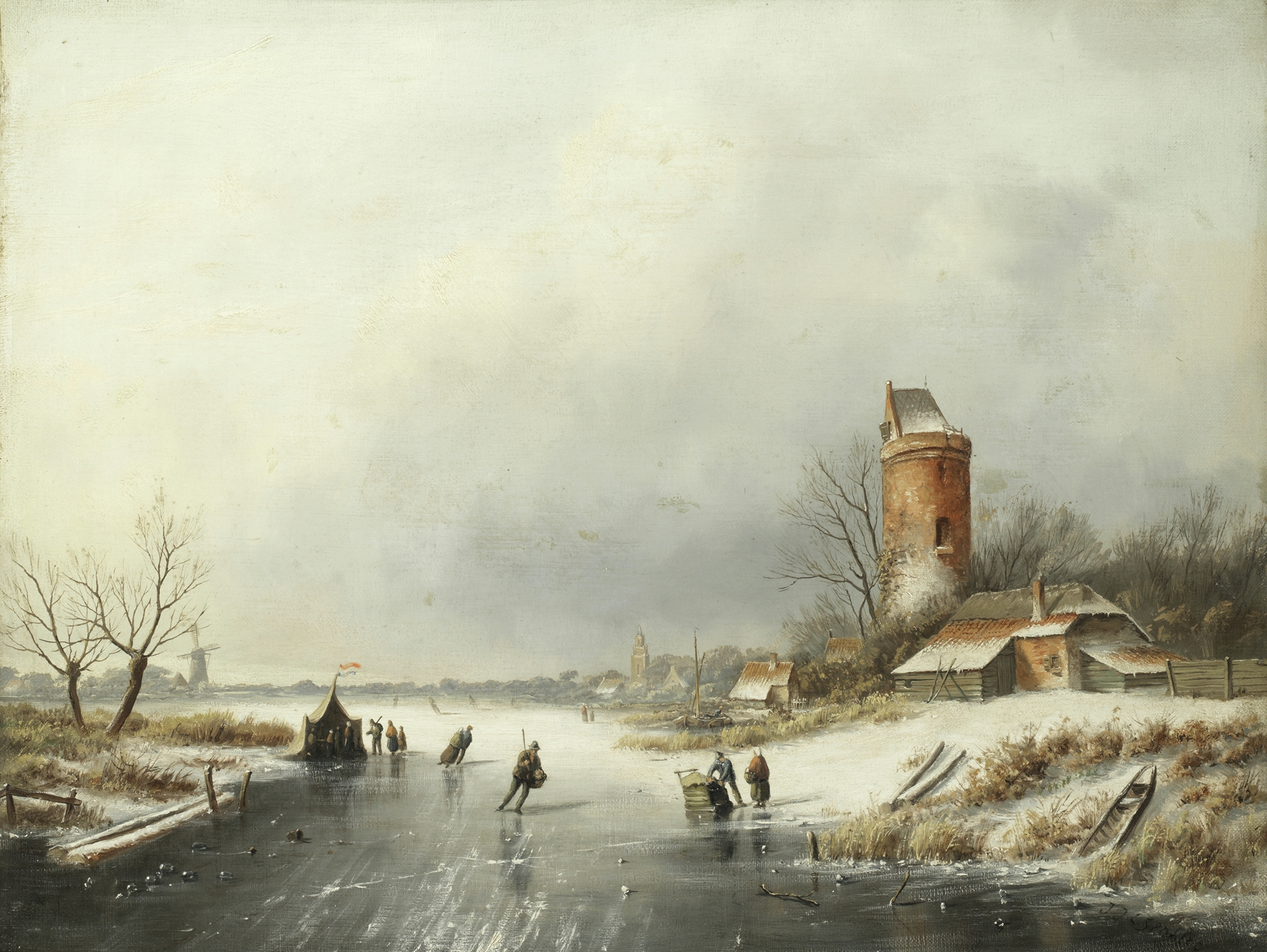 A winter landscape with figures on the ice by Jan Jacob Coenraad Spohler, medium unknown