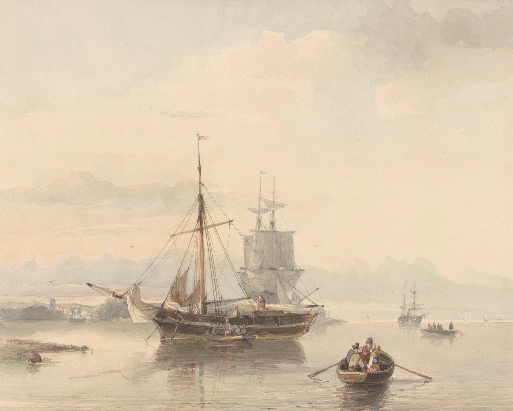 Rivierlandschap met sloepen en zeilschepen by Johan Adolph Rust, oil painting depicting a tranquil river scene.