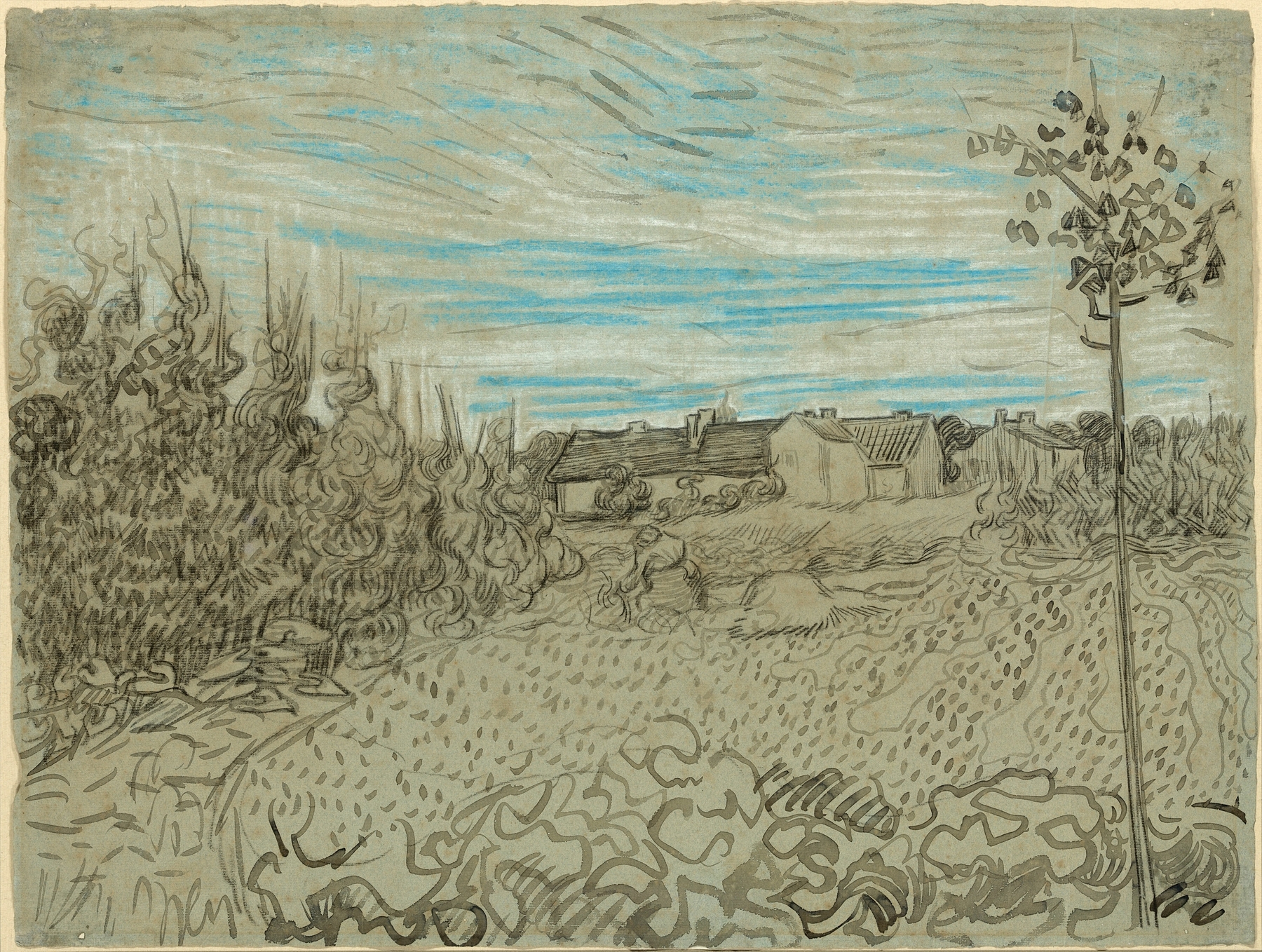 Cottages with a Woman Working in the Middle Ground, oil on canvas by Vincent van Gogh