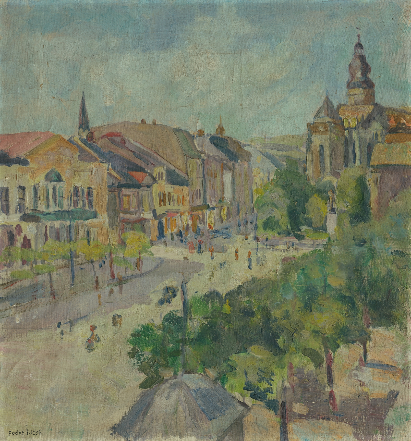 Námestie pred Dómom v Košiciach by Štefan Fodor, oil on canvas depicting a vibrant square.