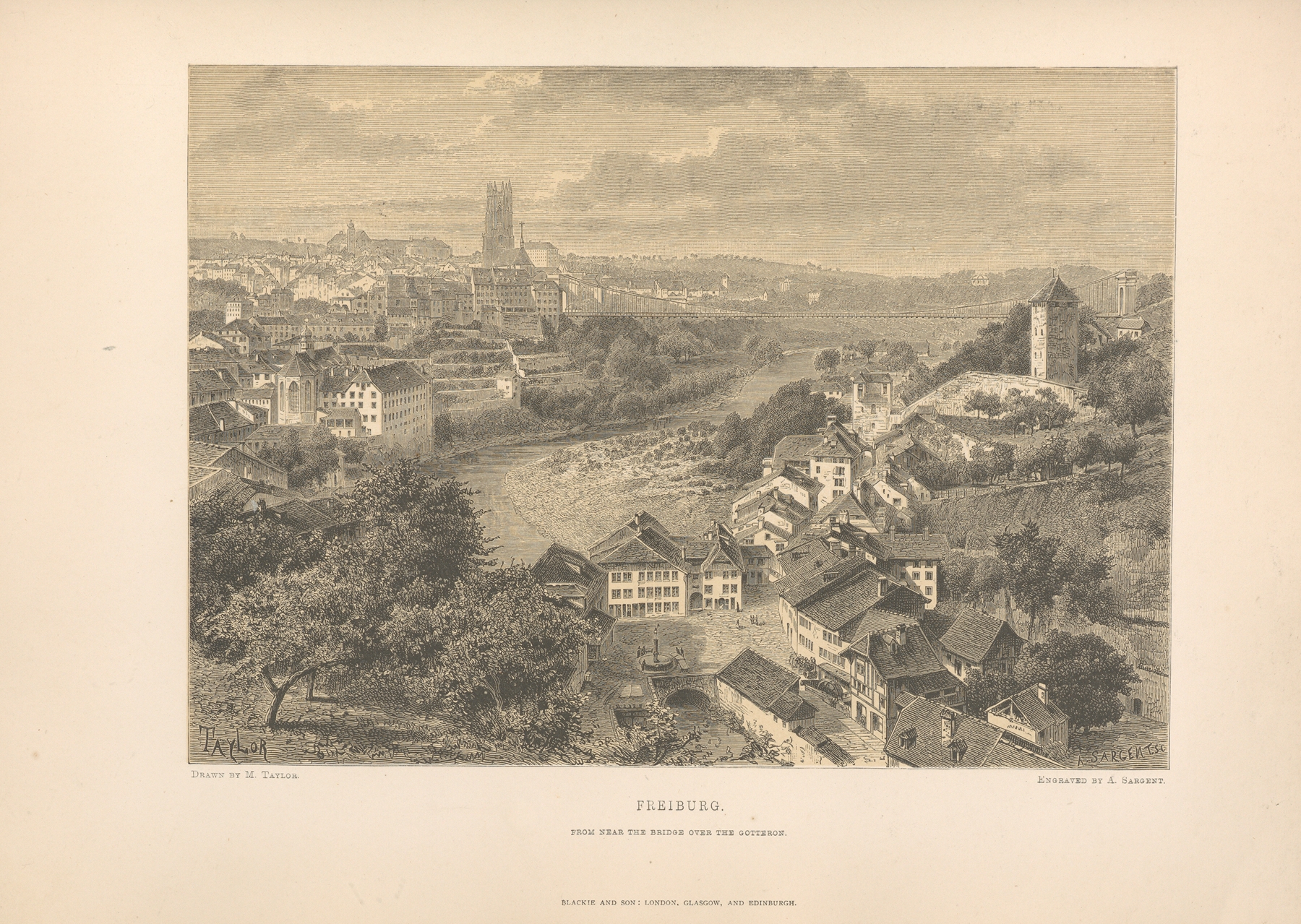 M. Taylor – Freiburg by Theodor Gsell Fels, oil on canvas depicting a serene landscape.