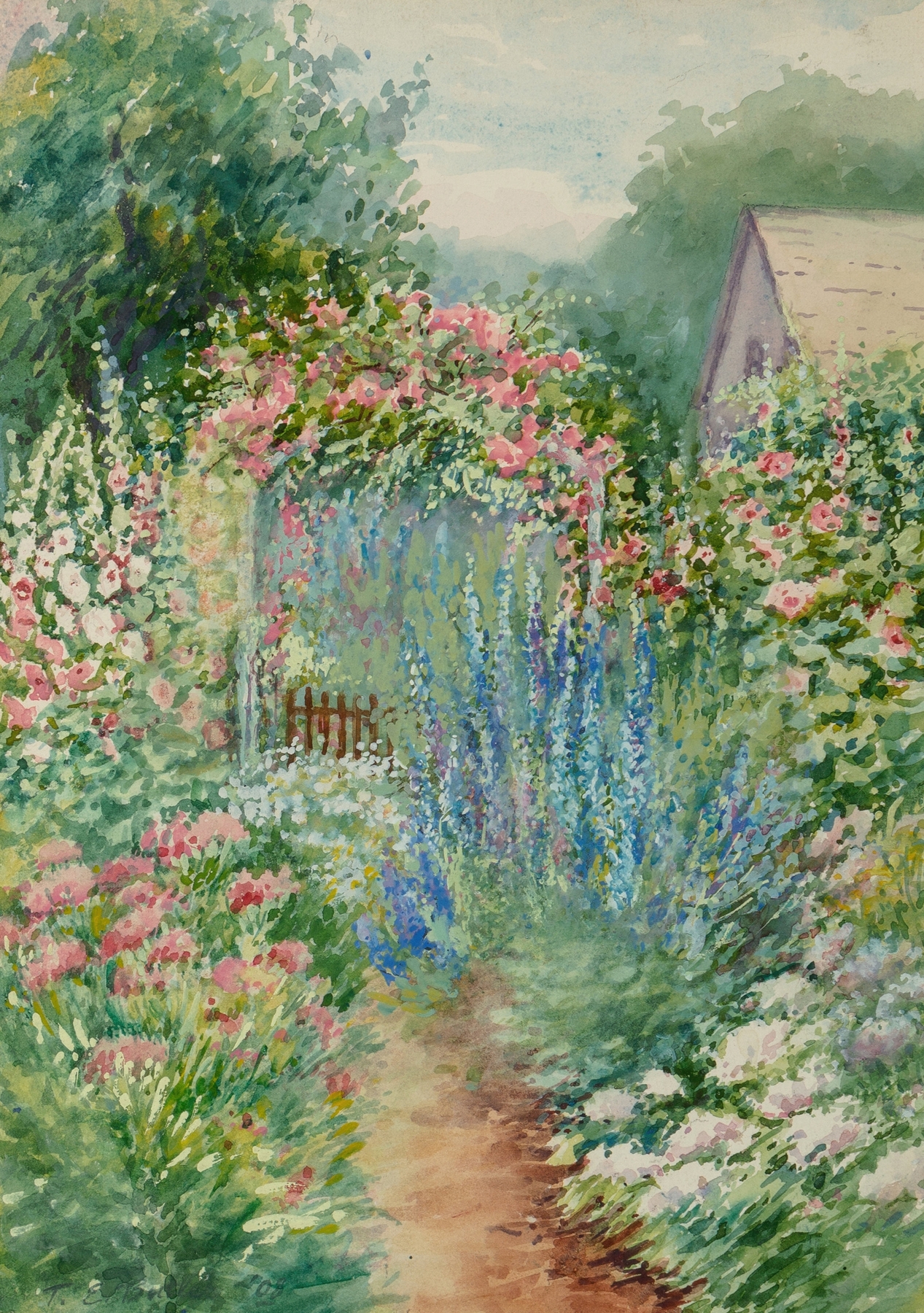 Oil painting by Theodore Earl Butler depicting a woman gathering flowers in a garden.