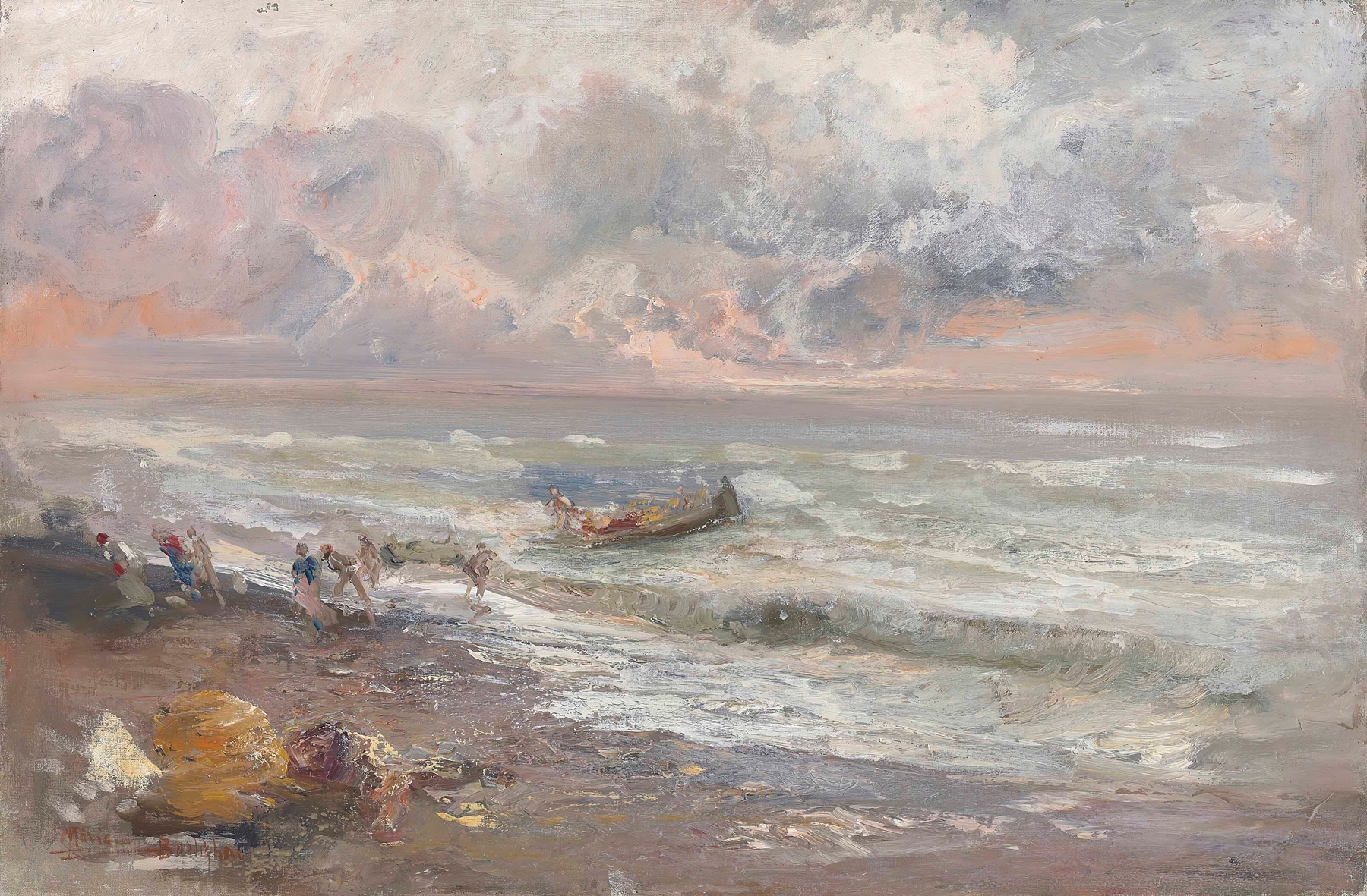 Ritorno dalla Pesca by Pompeo Mariani, genre scene depicting fishermen at dusk, oil painting