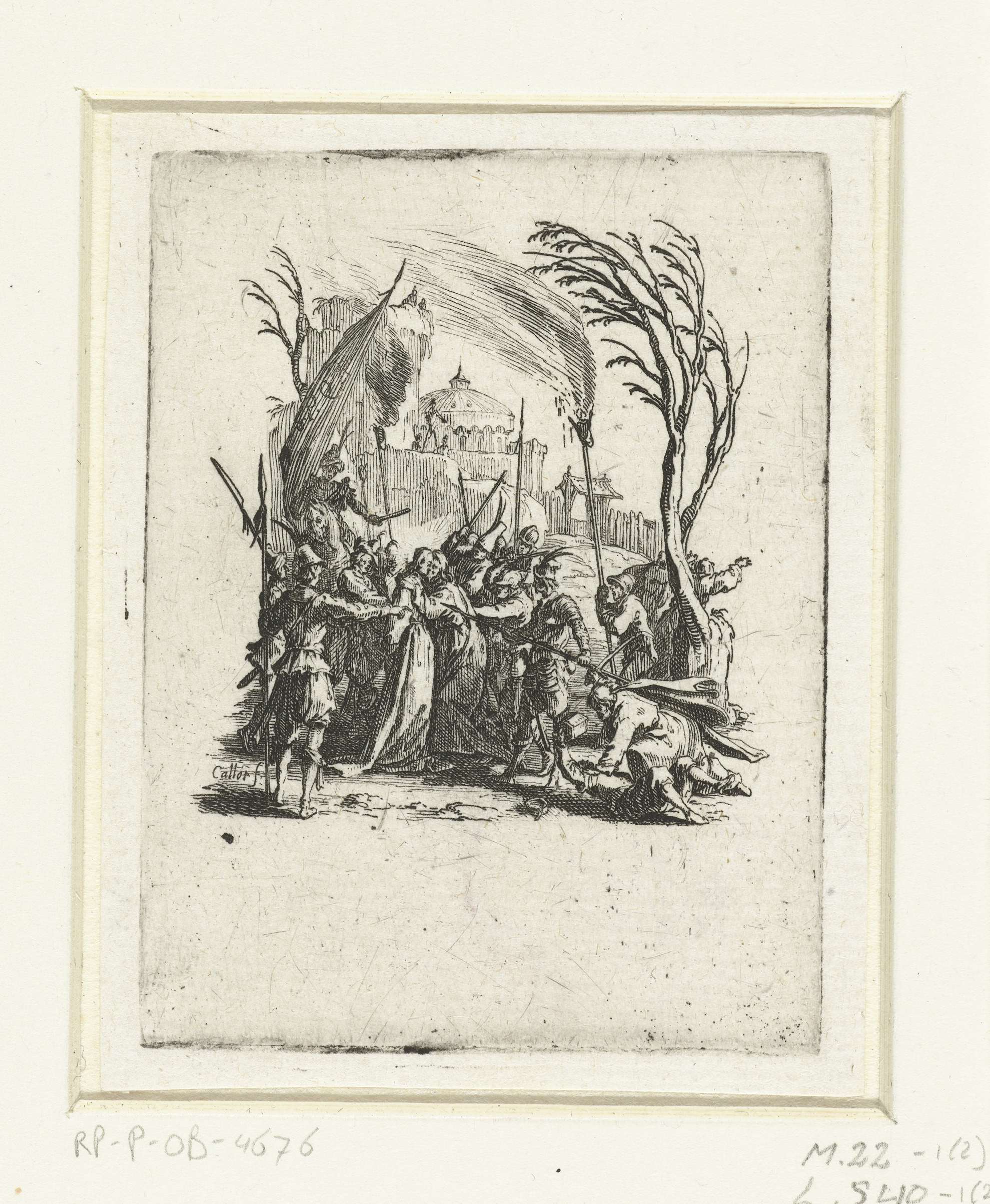 Gevangenneming by Jacques Callot, etching showing figures in struggle