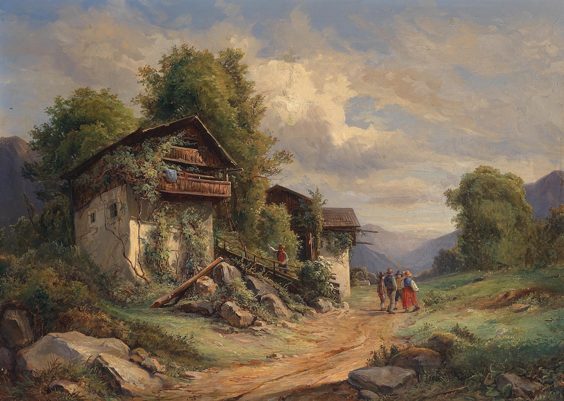 Ländliche Idylle by Josef Höger, oil painting depicting a meadow and farmhouse in afternoon light.