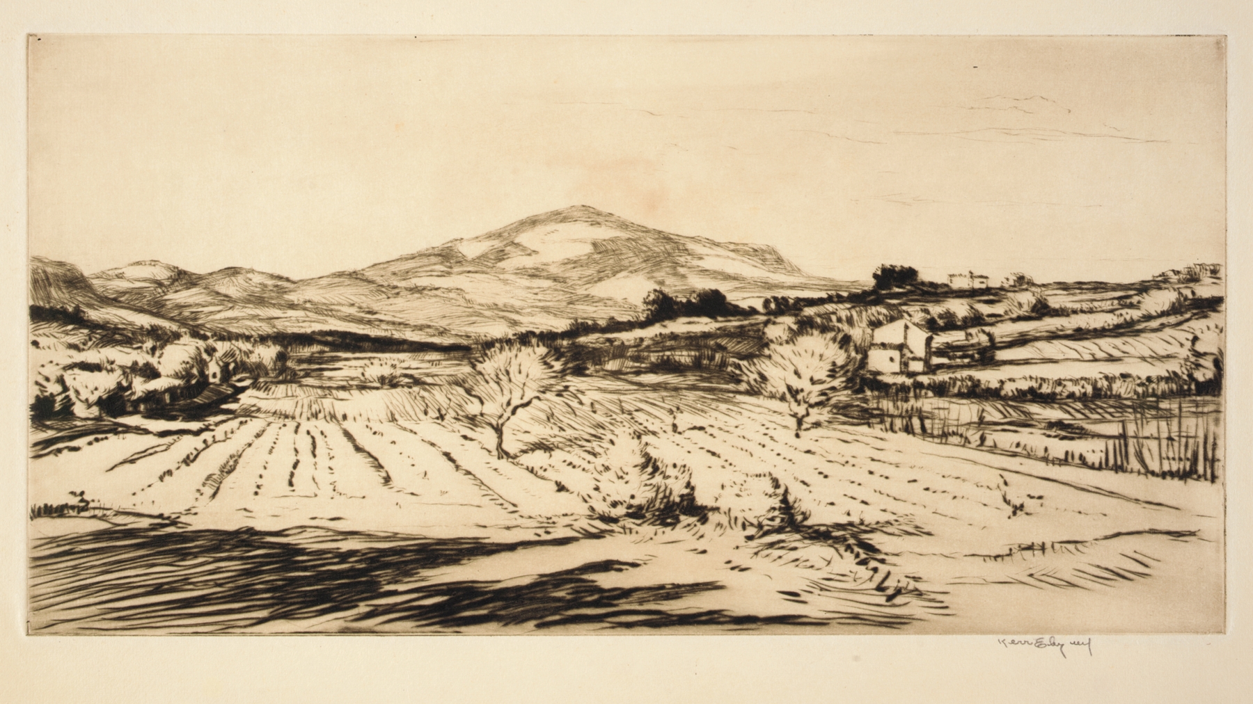 St. Cyr Landscape by Kerr Eby, etching depicting a serene landscape with sunlight and earthy tones.