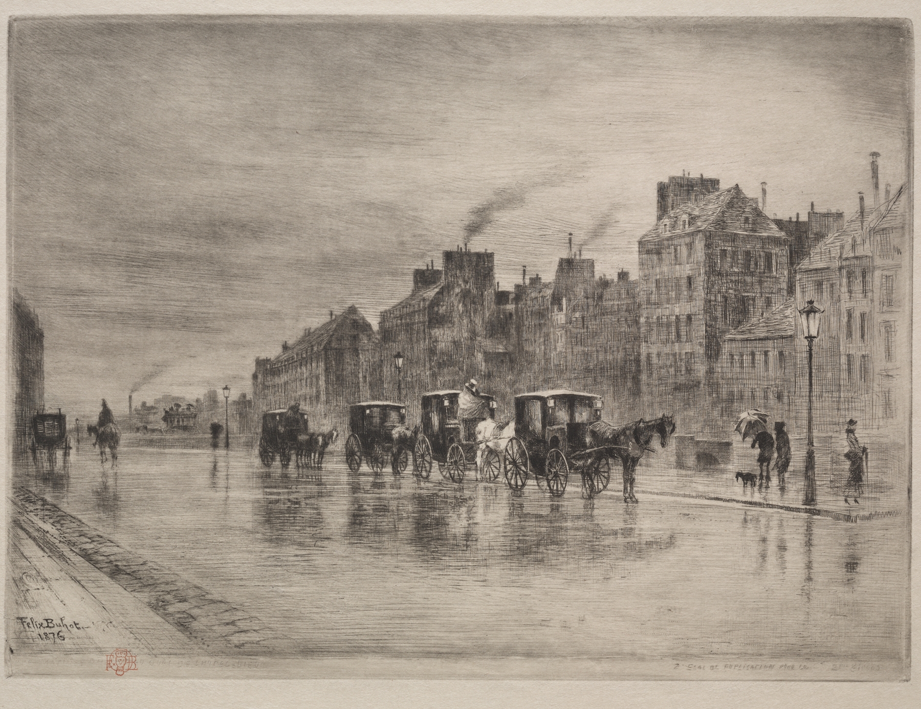A Winter Morning on the Quai de l’Hôtel-Dieu, etching by Félix Hilaire Buhot, depicting a winter landscape.