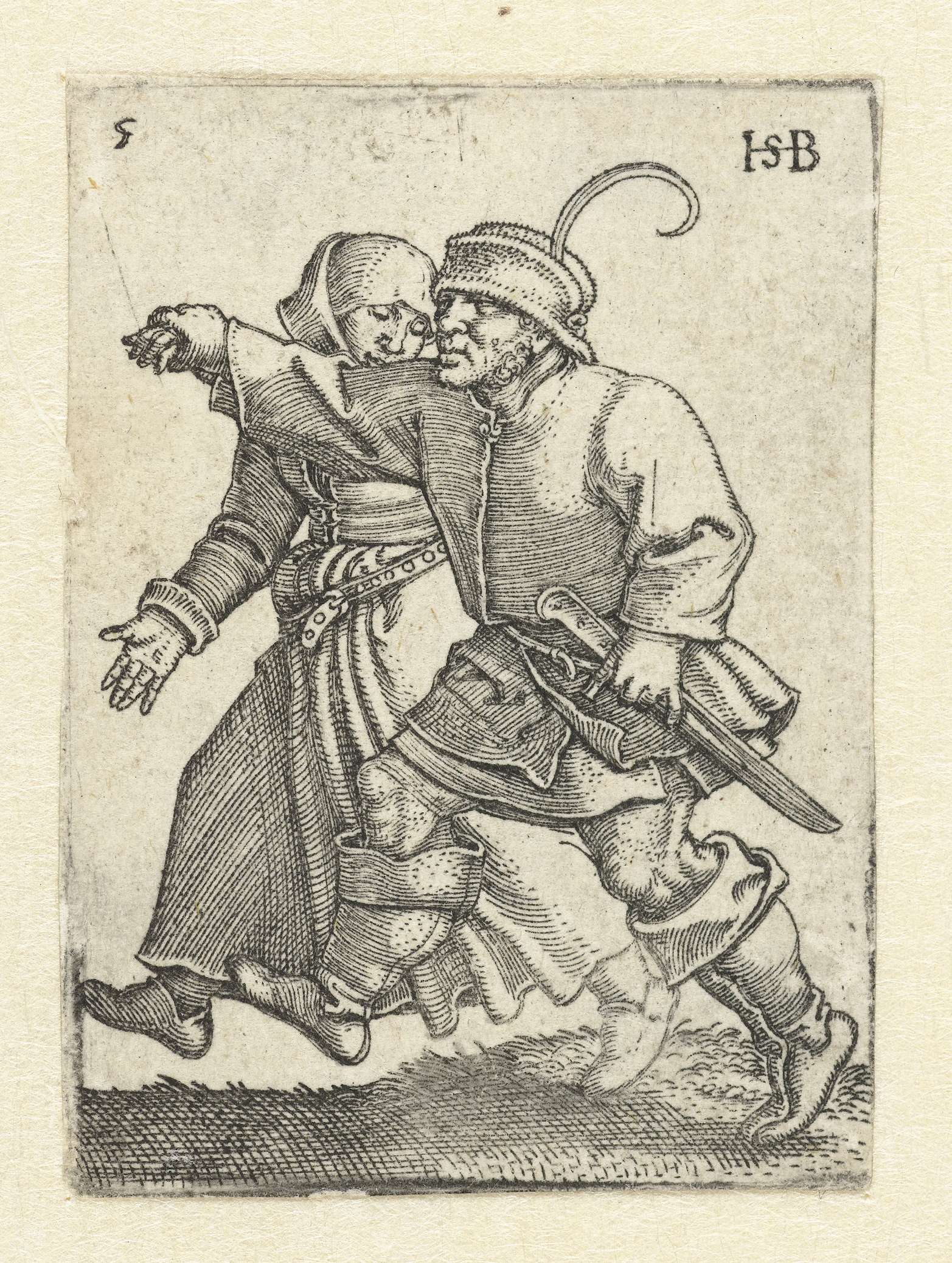 Dansend boerenpaar engraving by Hans Sebald Beham showing a dancing couple in rural attire.