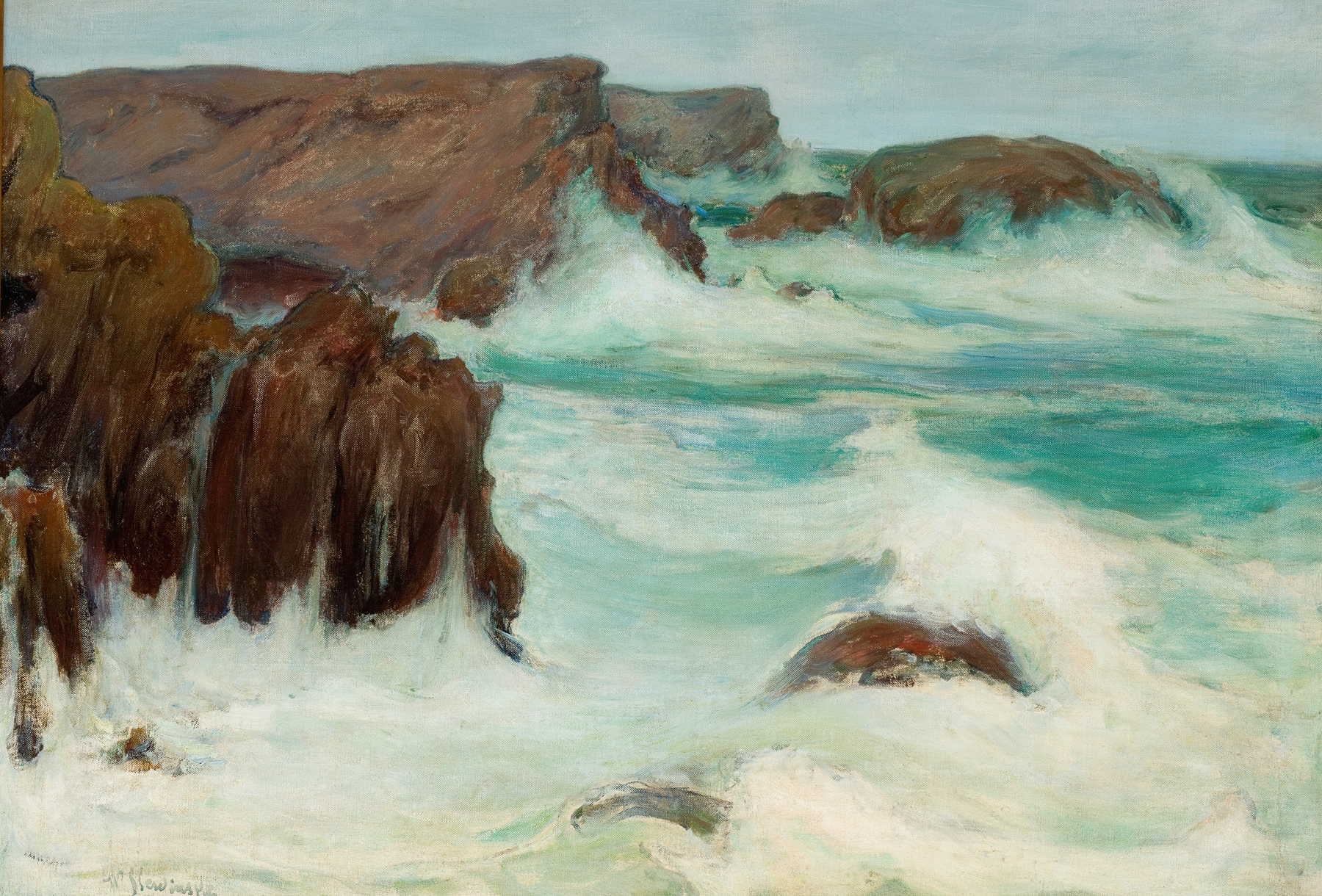 The Sea in Brittany by Władysław Ślewiński, oil on canvas depicting tumultuous waves and rocky shoreline