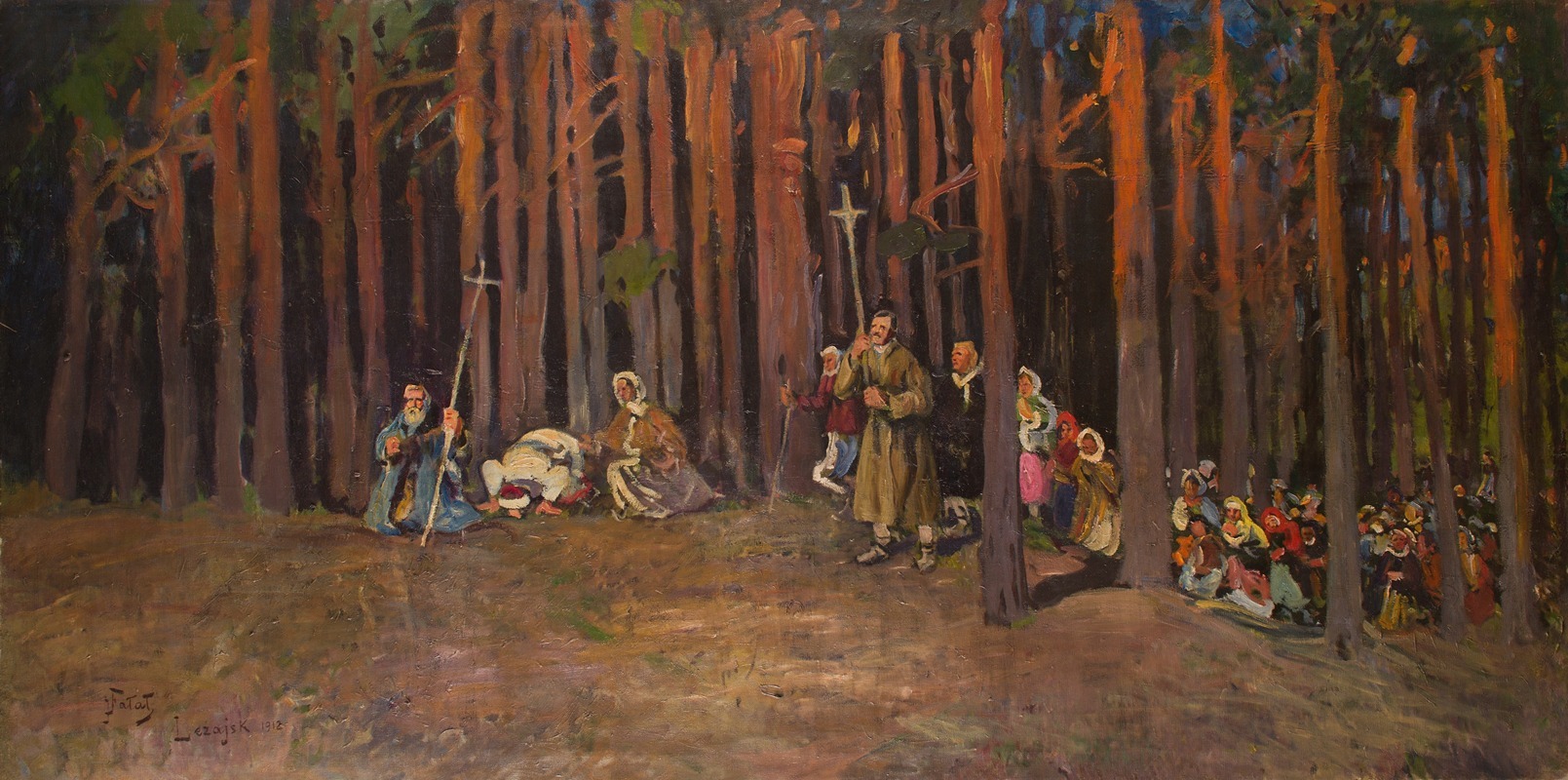A depiction of pilgrims in a natural setting.