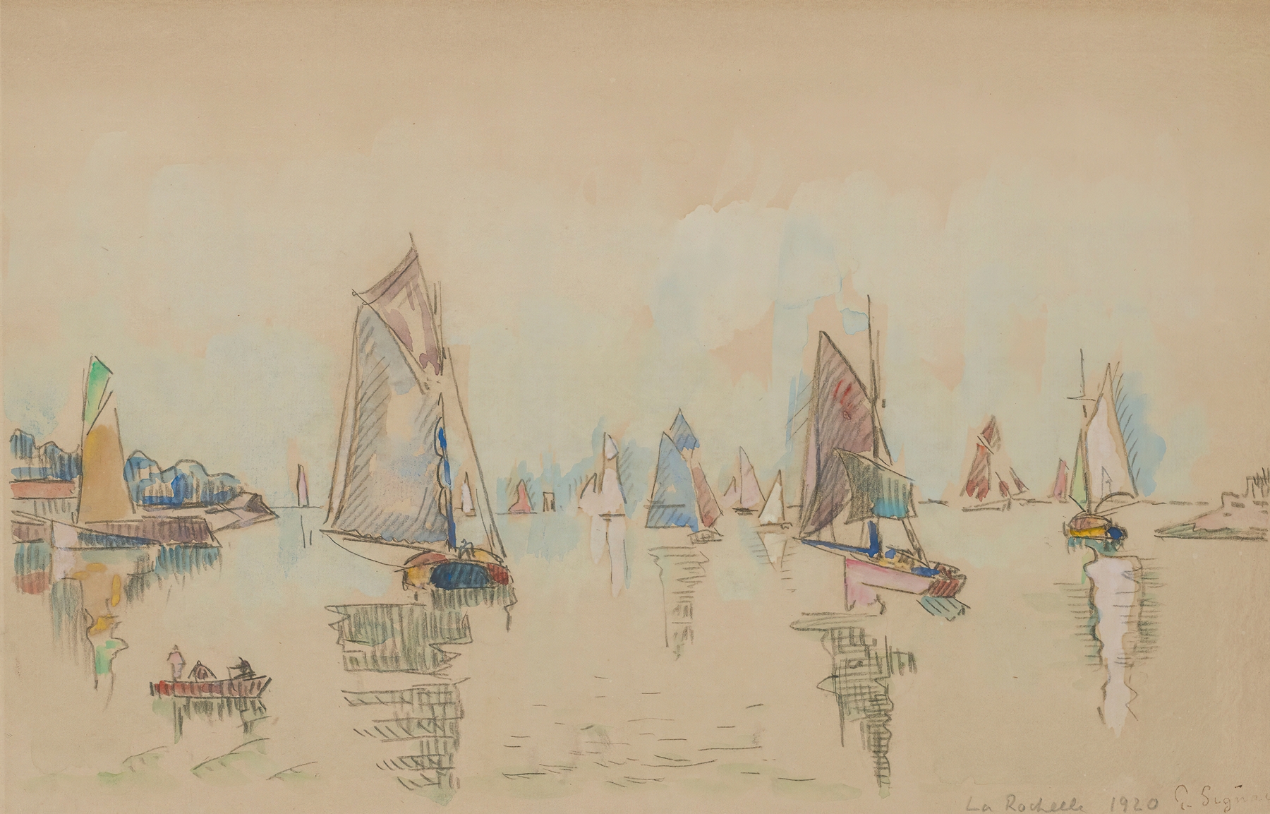 La Rochelle by Paul Signac, oil on canvas depicting a harbor with boats and reflections