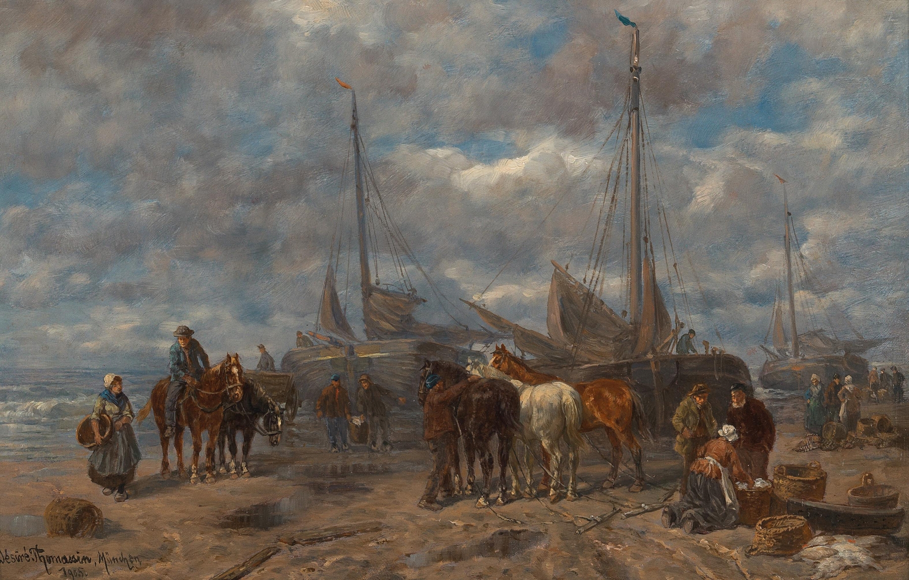 Marine scene with fishermen on the beach, oil painting by Désiré Thomassin