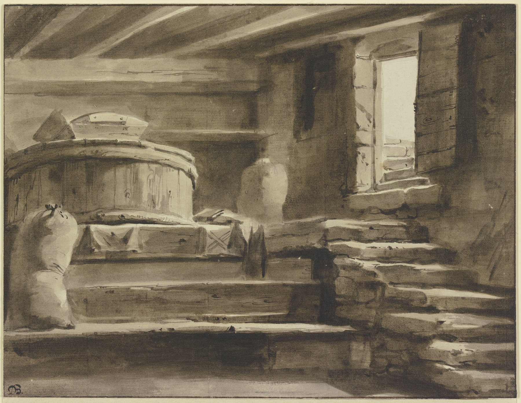 Interior of a mill with wooden beams and soft light by Jean-Jacques de Boissieu