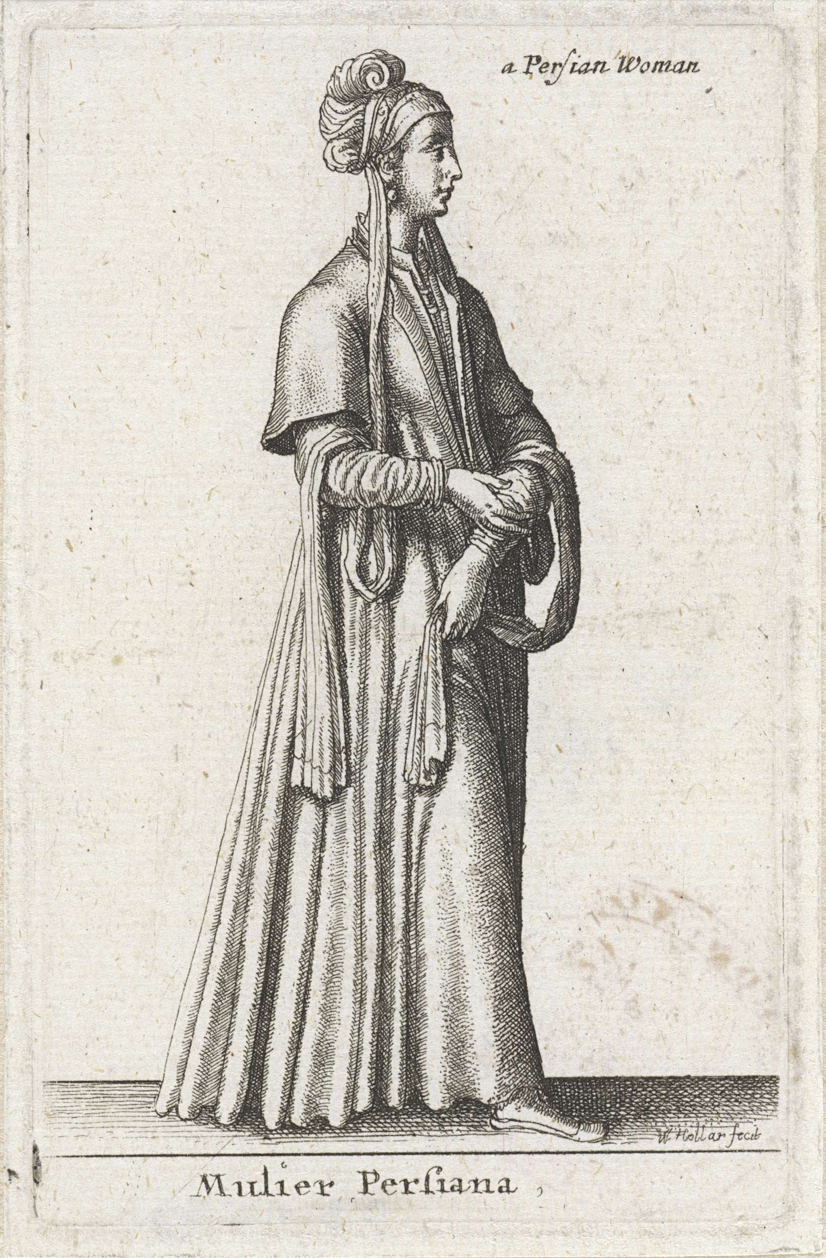 Etching by Wenceslaus Hollar depicting a female figure in elegant attire