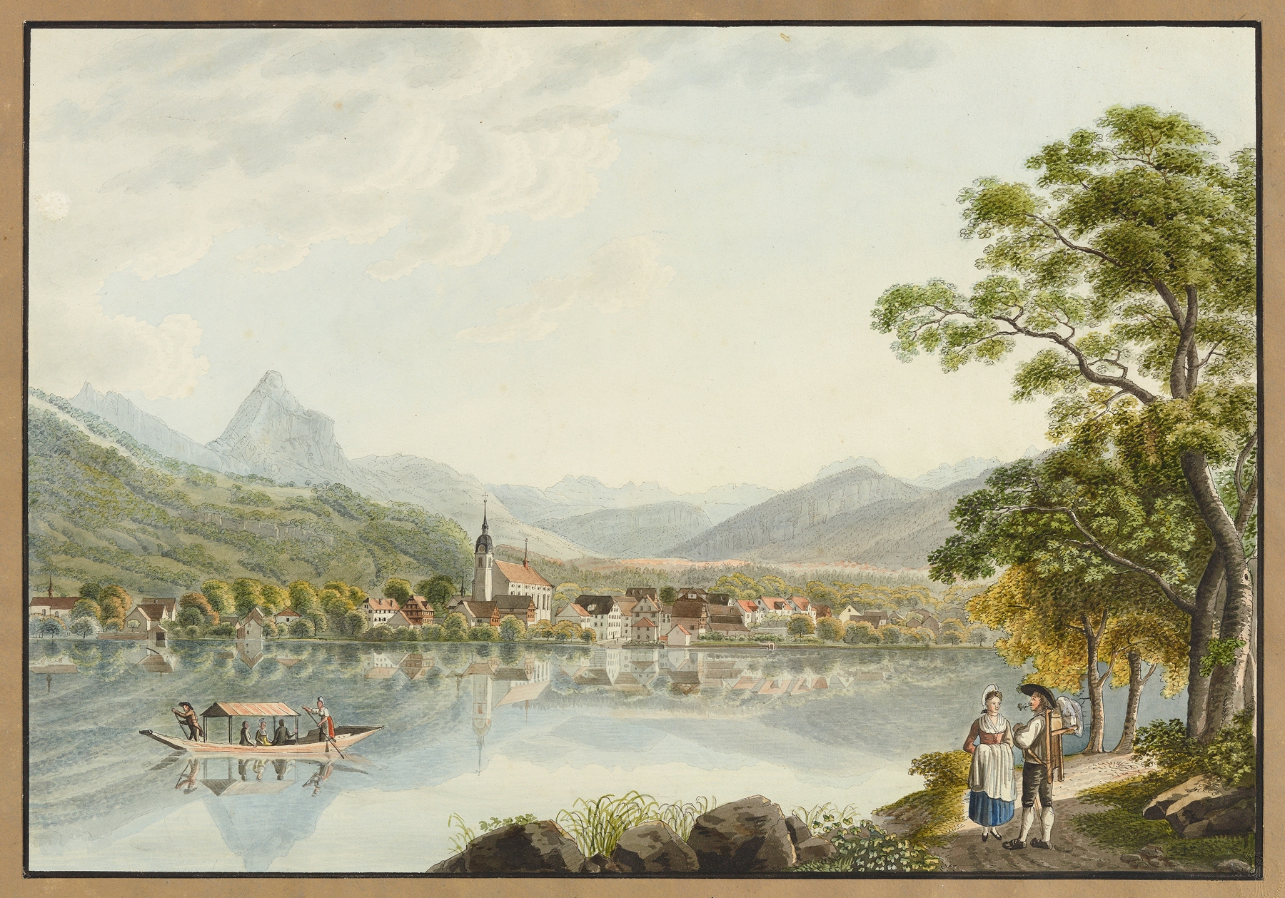 Vue de la Ville d’Arth, oil on canvas by David Alois Schmid, depicting a serene town landscape.