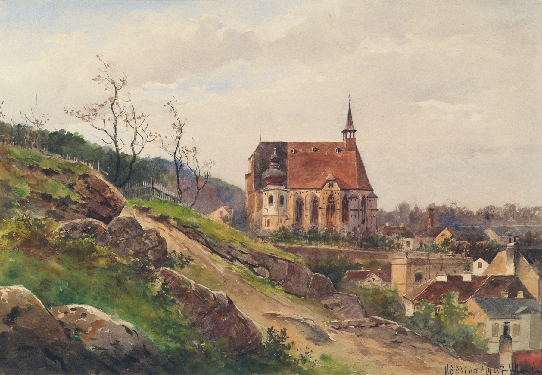 Aus Mödling by Vincenz Havlicek, impressionism, landscape with rolling hills and greenery